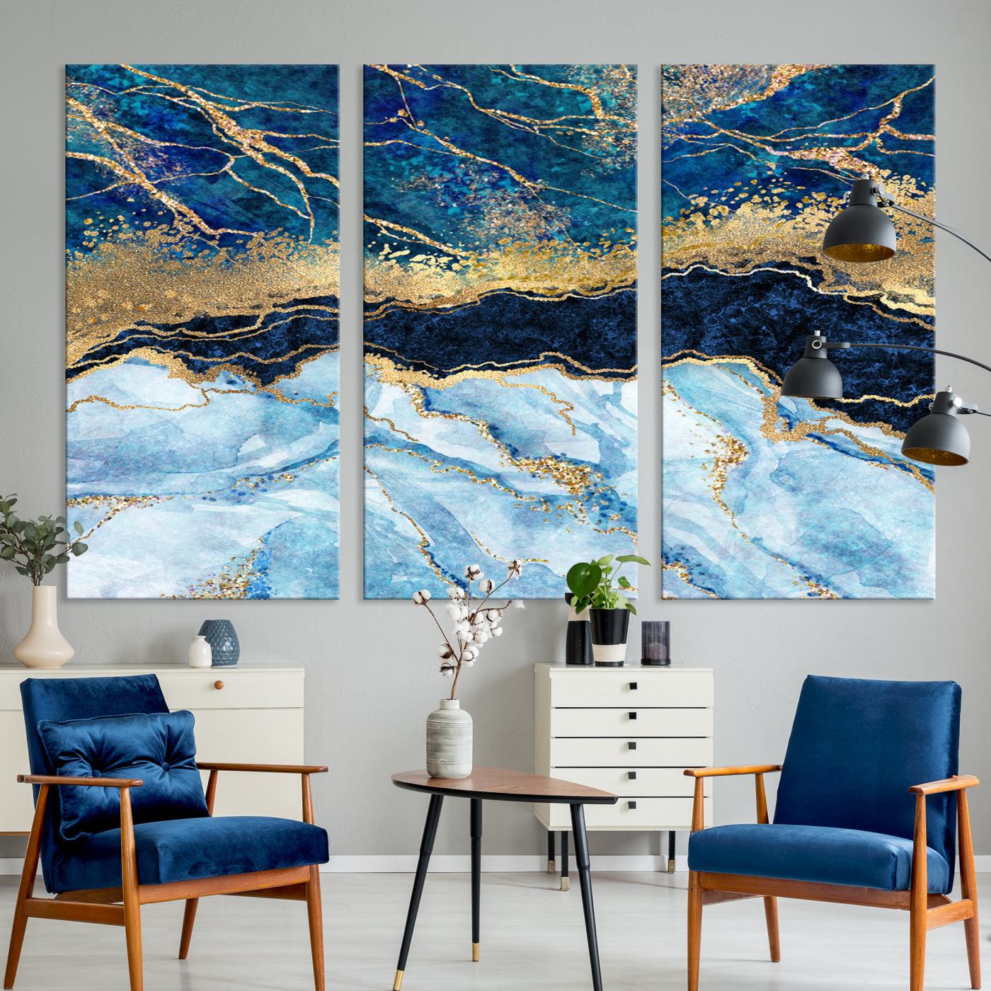52988-MGV-CV-48X32-3P-Abstract Blue and Gold Marble Canvas Print | 3-Panel Art for Living Room | Large Wall Decor