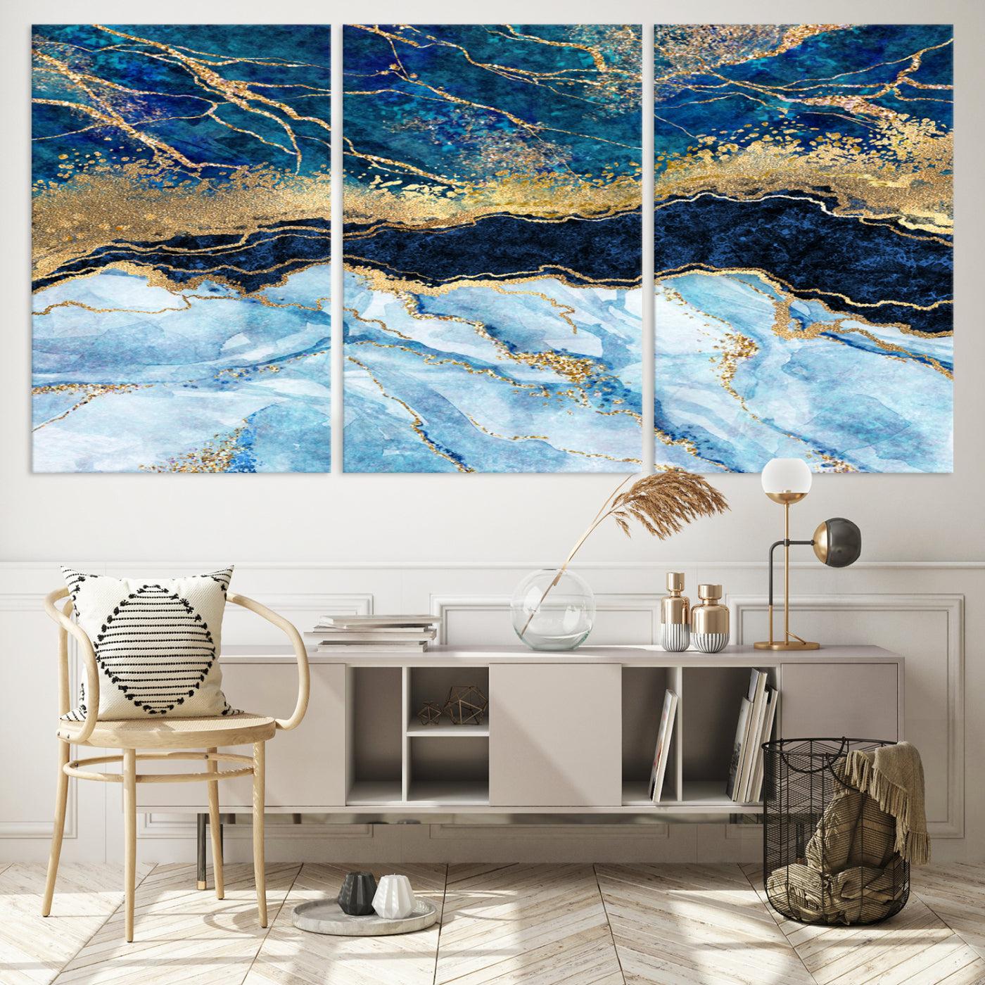 52988-MGV-CV-60X30-3P-Abstract Blue and Gold Marble Canvas Print | 3-Panel Art for Living Room | Large Wall Decor