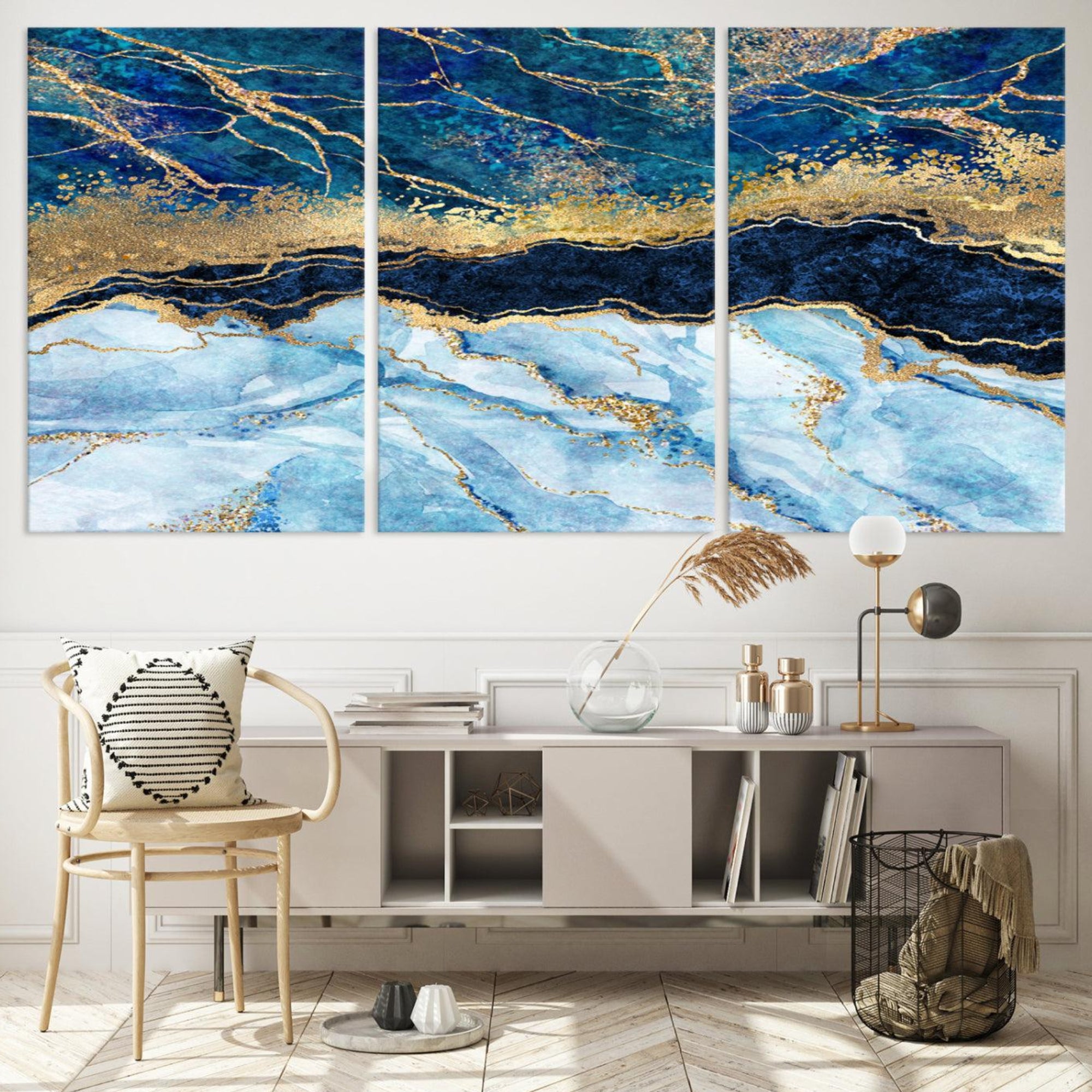 52988-MGV-CV-60X30-3P-Abstract Blue and Gold Marble Canvas Print | 3-Panel Art for Living Room | Large Wall Decor