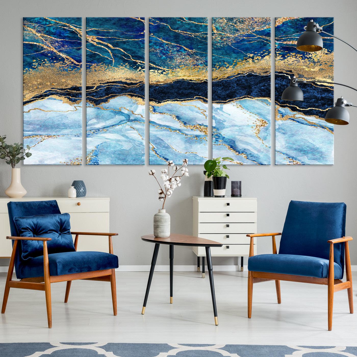 52988-MGV-CV-60X31-5P-Abstract Blue and Gold Marble Canvas Print | 3-Panel Art for Living Room | Large Wall Decor