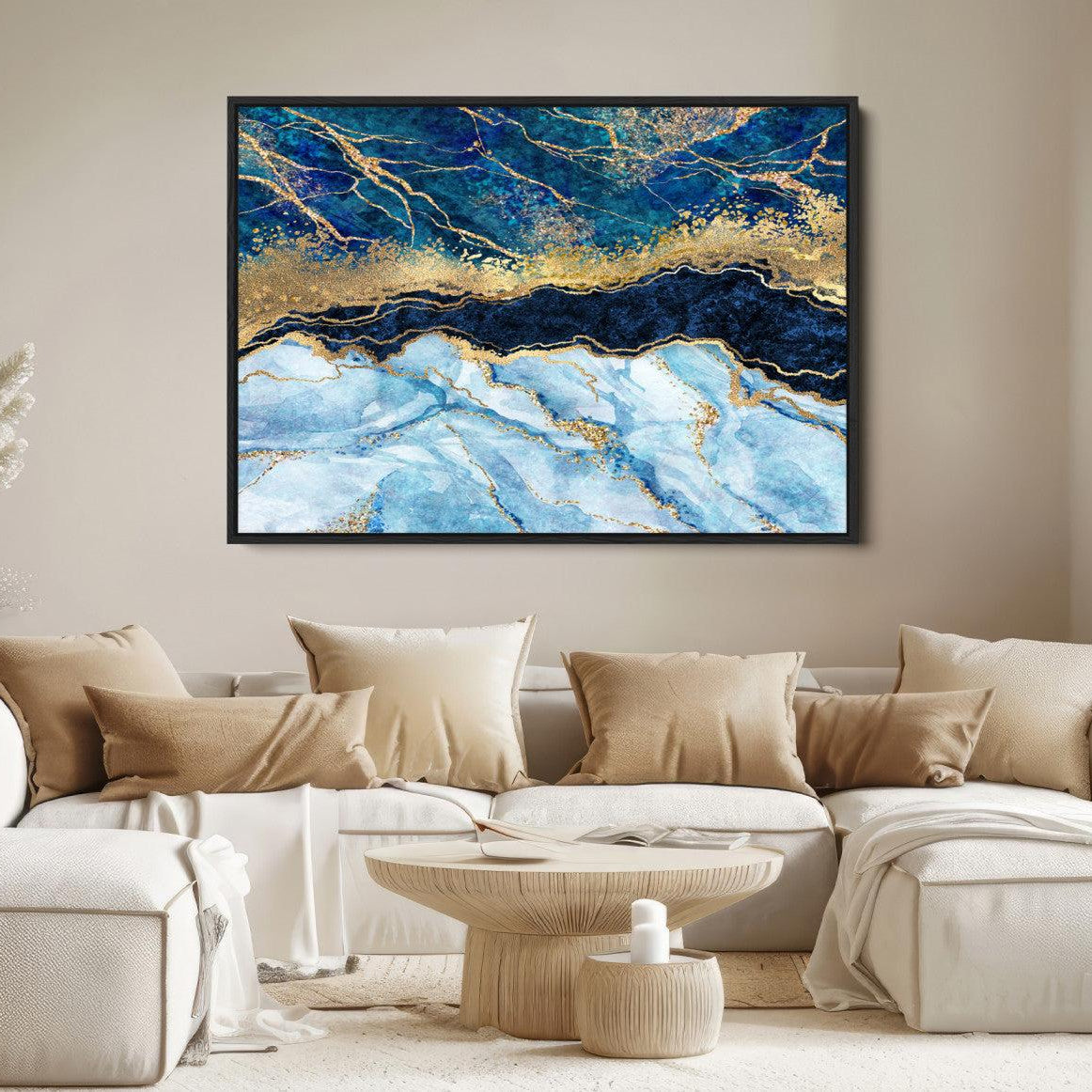 52988-MGV-FC-36X24_Black-Abstract Blue and Gold Marble Canvas Print | 3-Panel Art for Living Room | Large Wall Decor