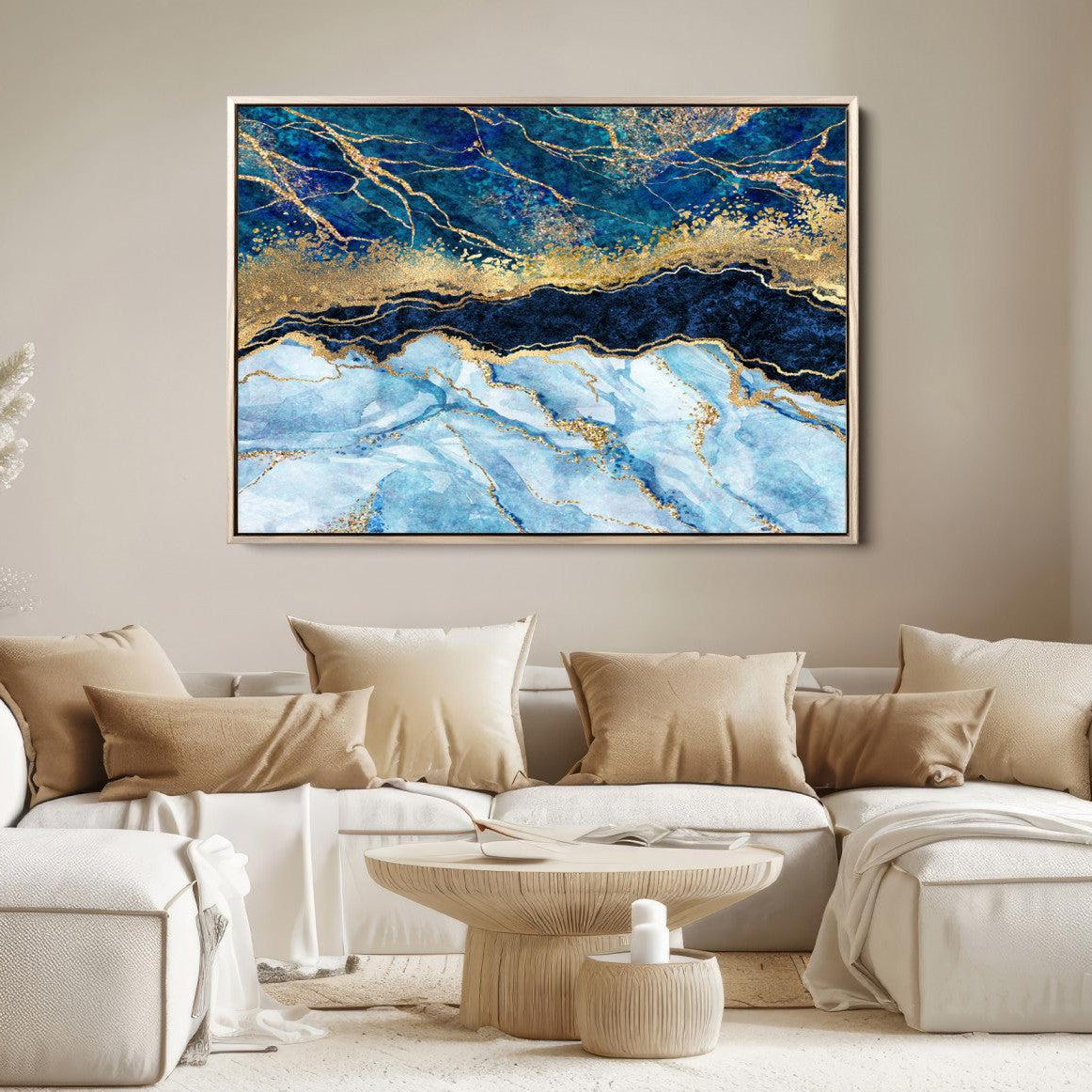 52988-MGV-FC-36X24_Natural-Abstract Blue and Gold Marble Canvas Print | 3-Panel Art for Living Room | Large Wall Decor