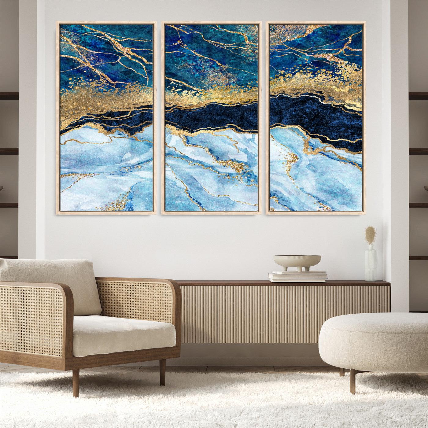 52988-MGV-FC-48X32-3P_Natural-Abstract Blue and Gold Marble Canvas Print | 3-Panel Art for Living Room | Large Wall Decor