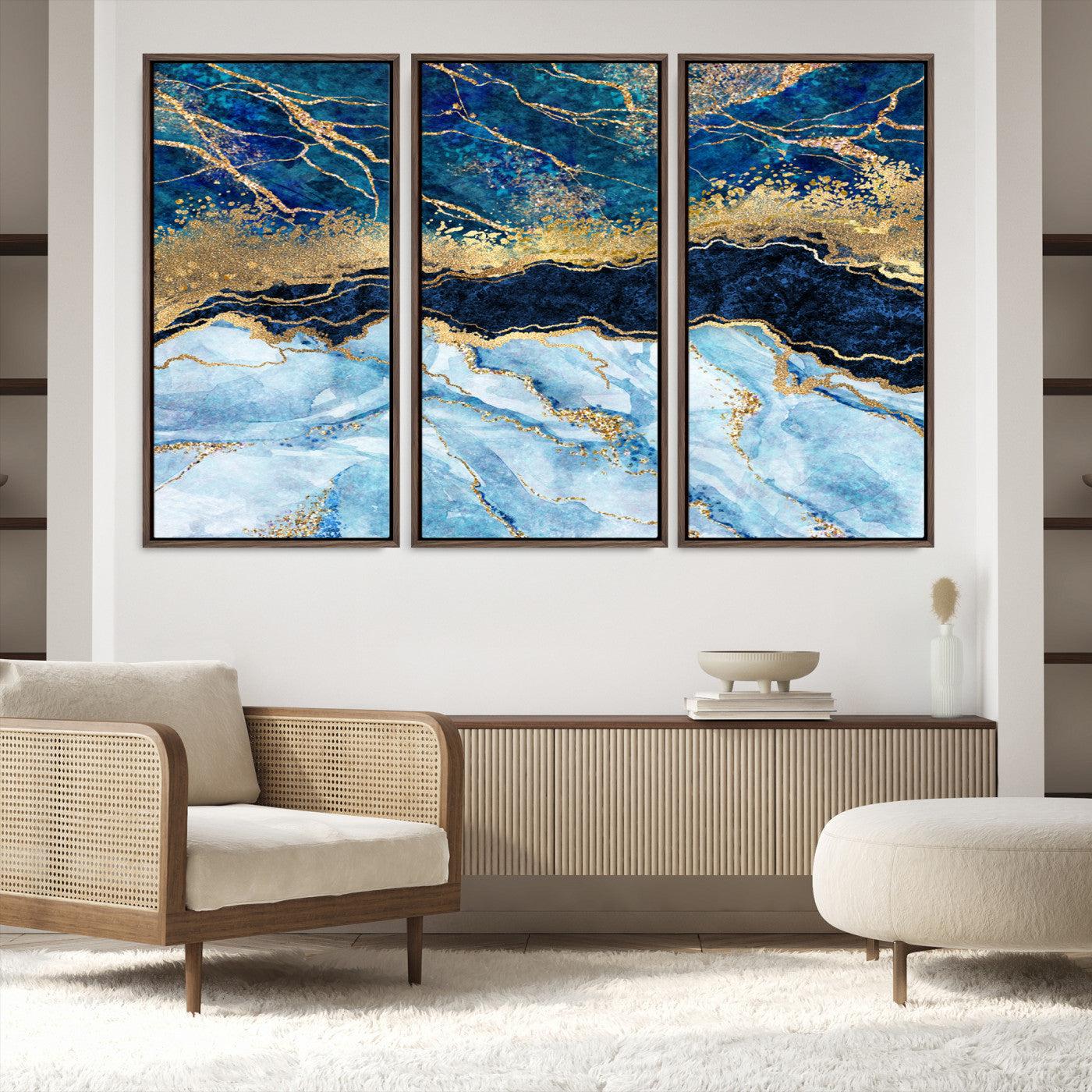 52988-MGV-FC-48X32-3P_Walnut-Abstract Blue and Gold Marble Canvas Print | 3-Panel Art for Living Room | Large Wall Decor