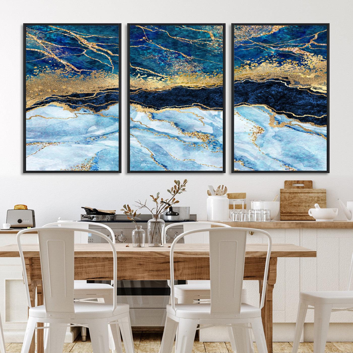 52988-MGV-FC-60X30-3P_Black-Abstract Blue and Gold Marble Canvas Print | 3-Panel Art for Living Room | Large Wall Decor