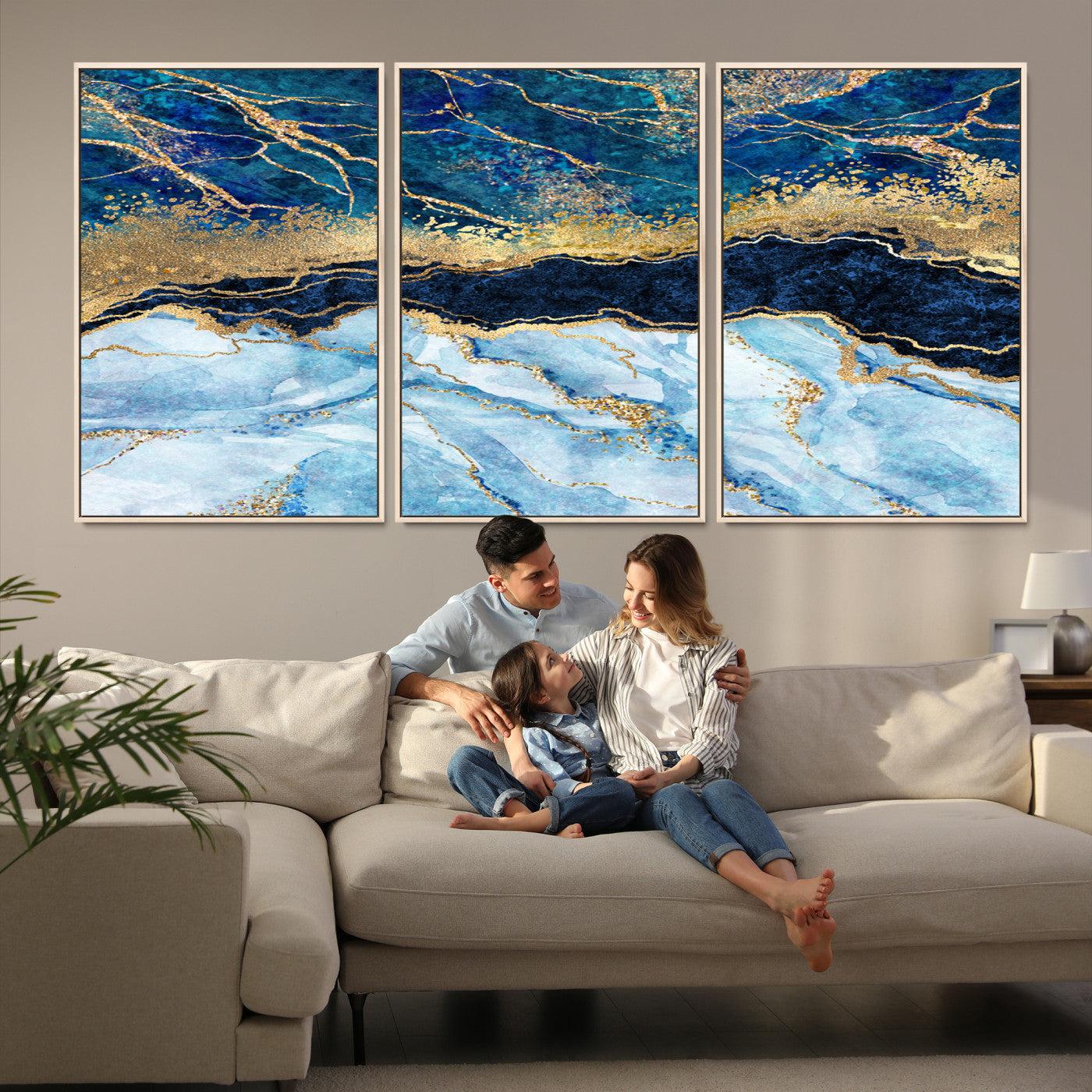 52988-MGV-FC-60X30-3P_Natural-Abstract Blue and Gold Marble Canvas Print | 3-Panel Art for Living Room | Large Wall Decor