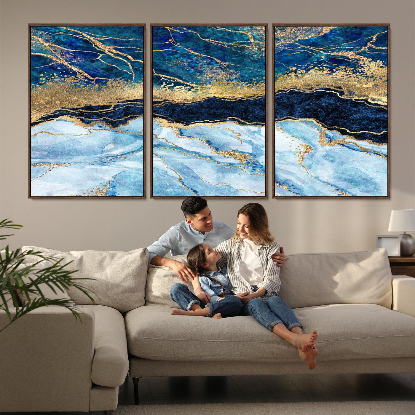 52988-MGV-FC-60X30-3P_Walnut-Abstract Blue and Gold Marble Canvas Print | 3-Panel Art for Living Room | Large Wall Decor