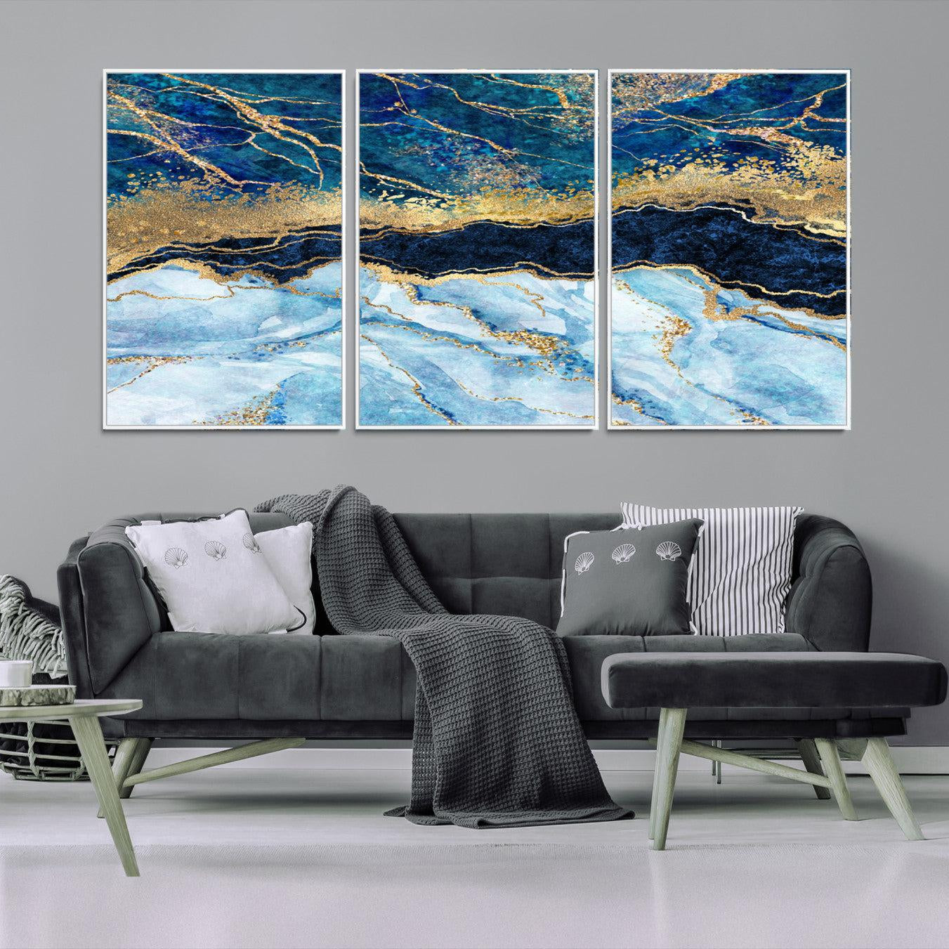 52988-MGV-FC-60X30-3P_White-Abstract Blue and Gold Marble Canvas Print | 3-Panel Art for Living Room | Large Wall Decor
