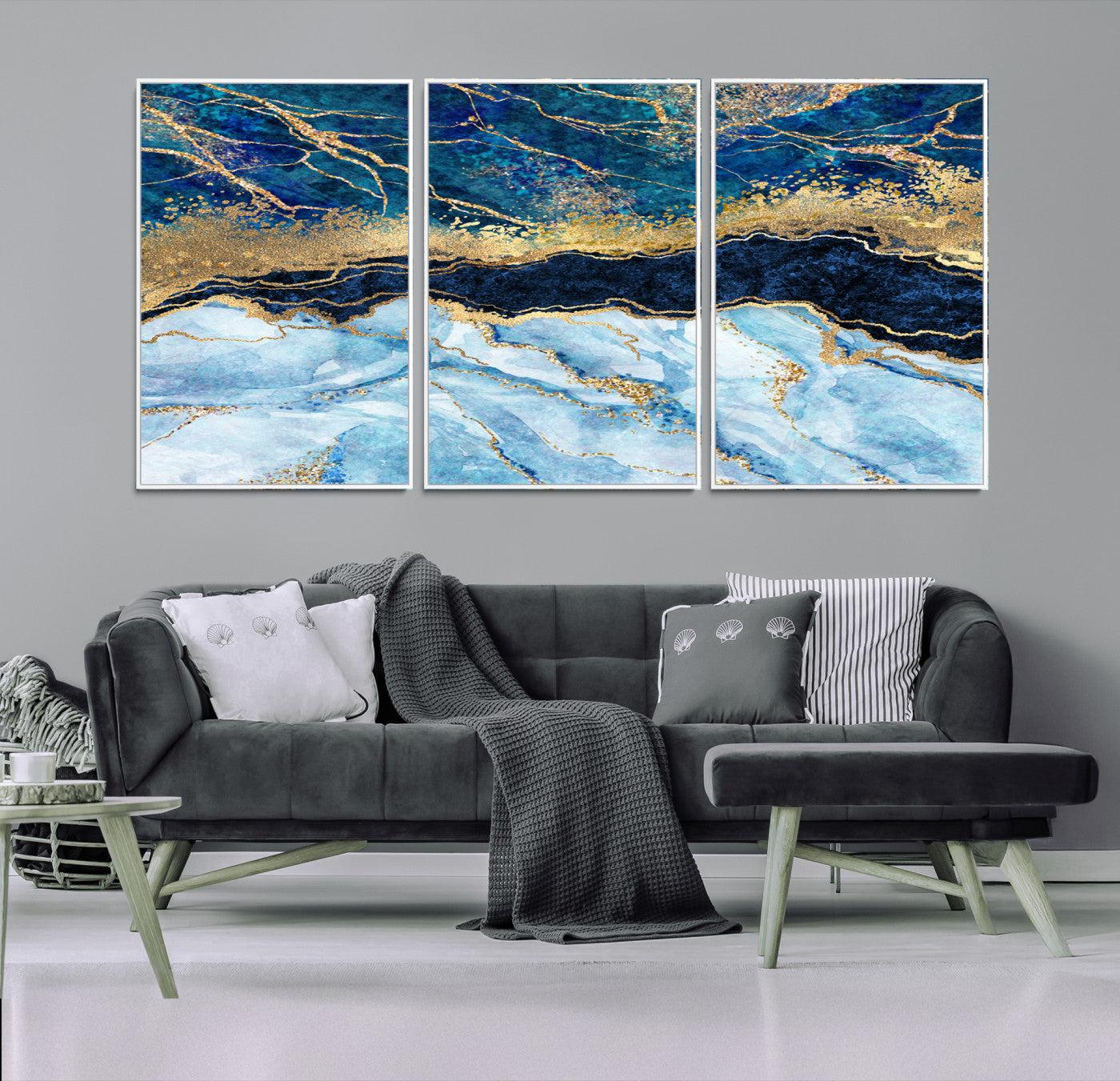 52988-MGV-FC-60X30-3P_White-Abstract Blue and Gold Marble Canvas Print | 3-Panel Art for Living Room | Large Wall Decor