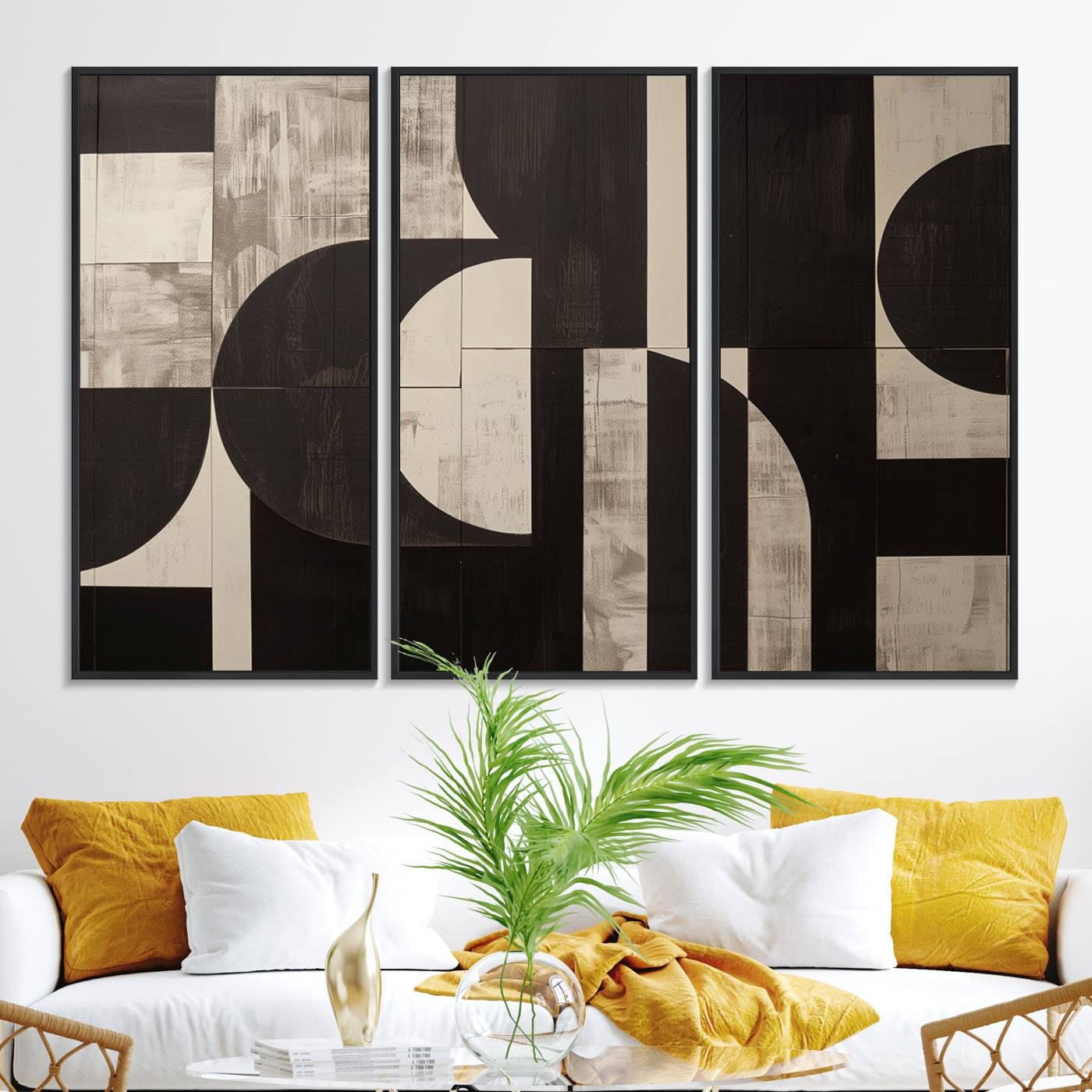 63644-MGV-FC-48X32-3P_Black-Abstract Brown Wabi Sabi Canvas Print Set – Minimalist Mid-Century Wall Art Contemporary Artwork for Home, Office