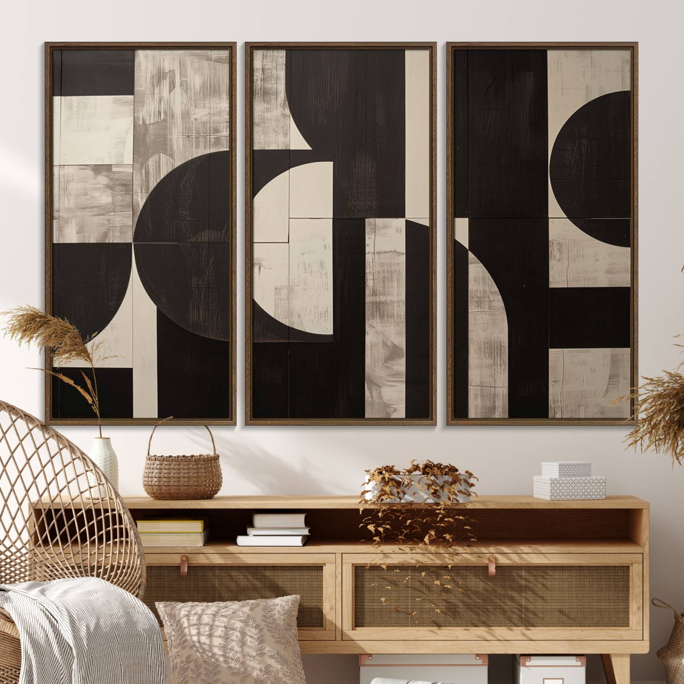 63644-MGV-FC-48X32-3P_Walnut-Abstract Brown Wabi Sabi Canvas Print Set – Minimalist Mid-Century Wall Art Contemporary Artwork for Home, Office