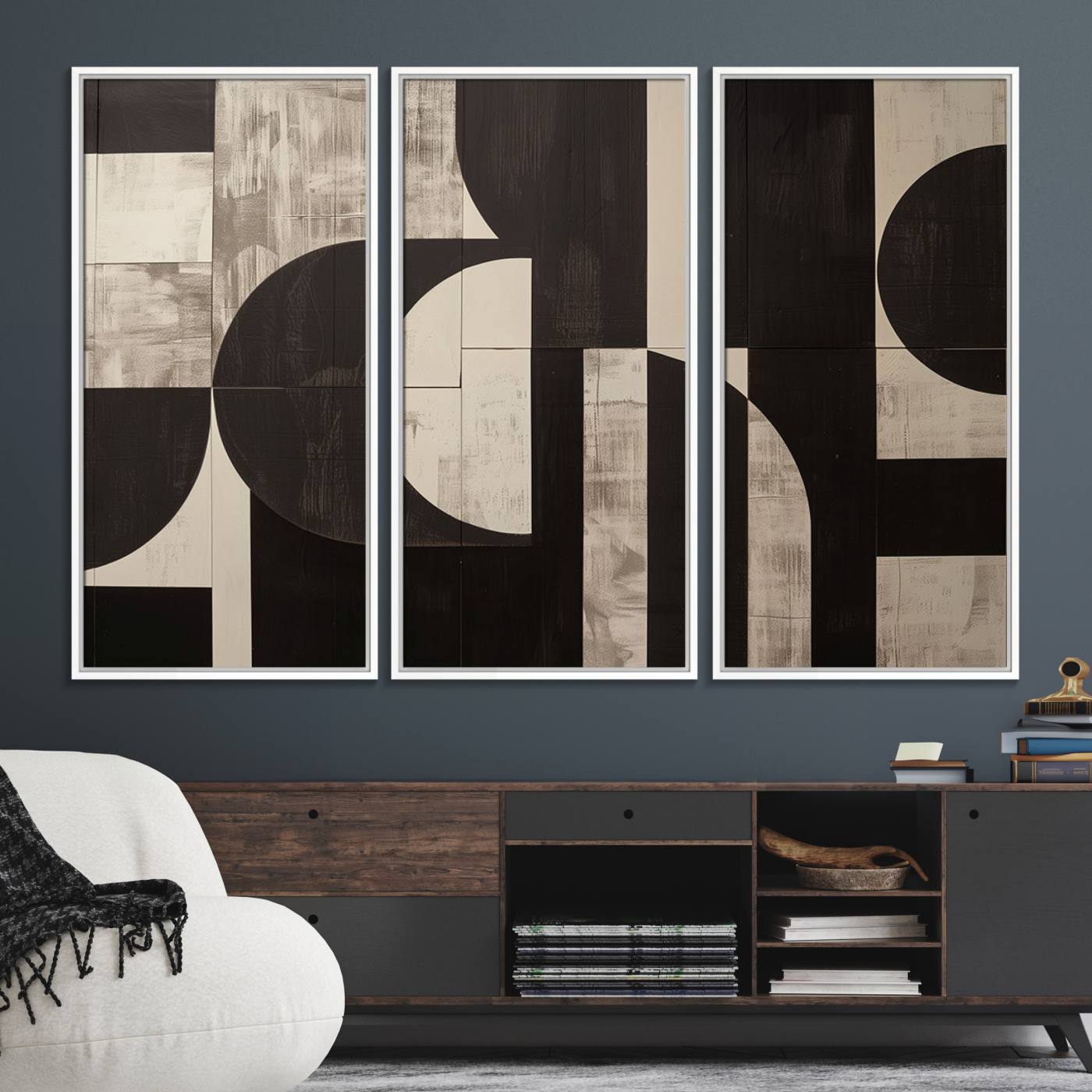 63644-MGV-FC-48X32-3P_White-Abstract Brown Wabi Sabi Canvas Print Set – Minimalist Mid-Century Wall Art Contemporary Artwork for Home, Office