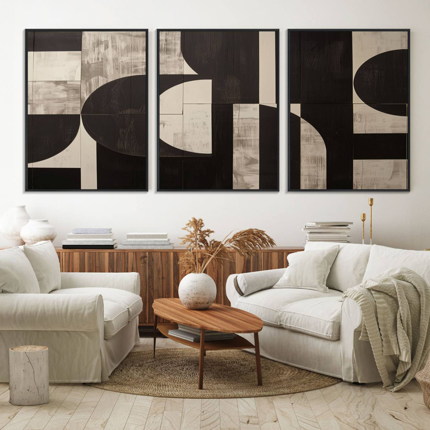 63644-MGV-FC-60X30-3P_Black-Abstract Brown Wabi Sabi Canvas Print Set – Minimalist Mid-Century Wall Art Contemporary Artwork for Home, Office