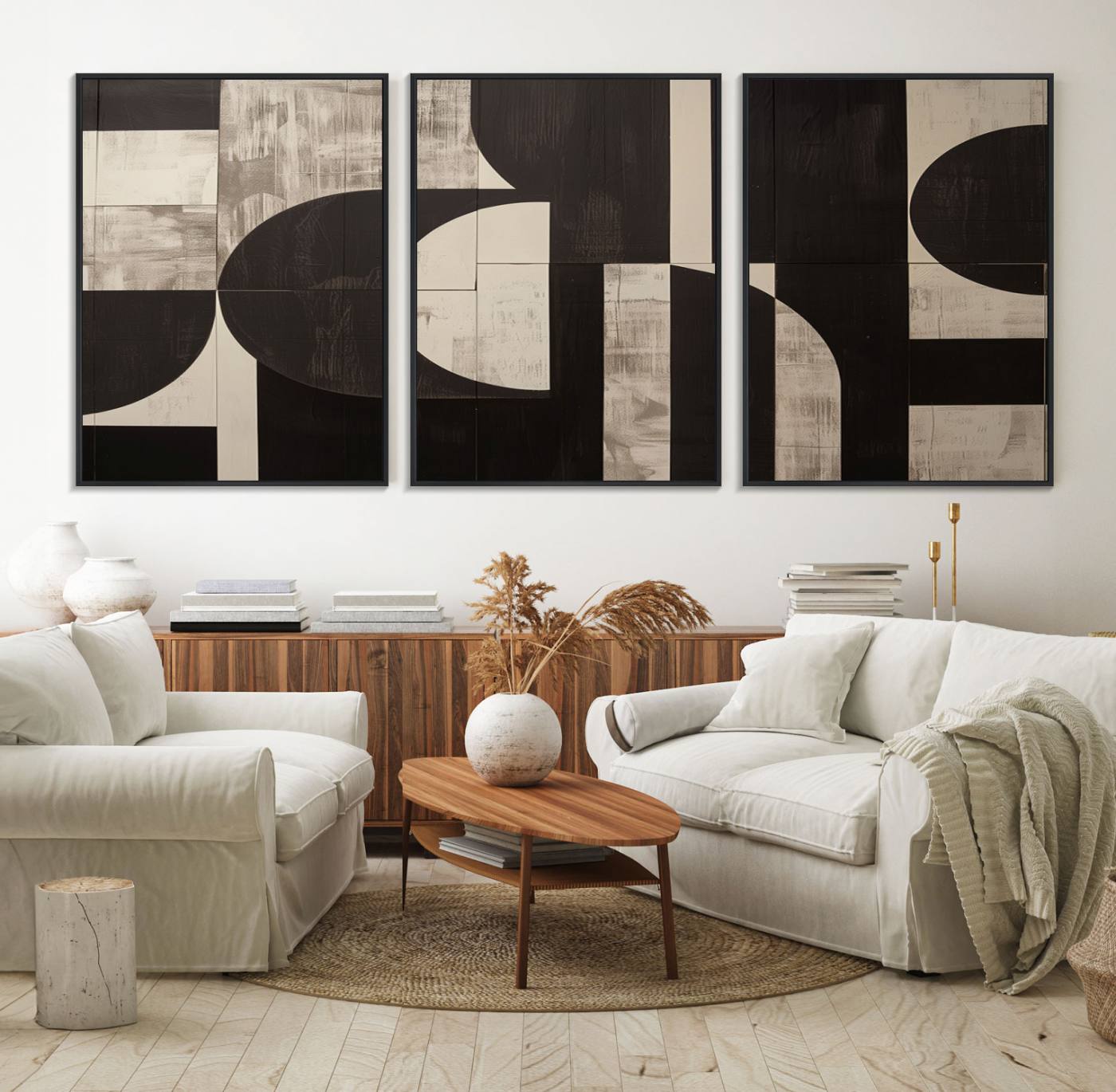 63644-MGV-FC-60X30-3P_Black-Abstract Brown Wabi Sabi Canvas Print Set – Minimalist Mid-Century Wall Art Contemporary Artwork for Home, Office