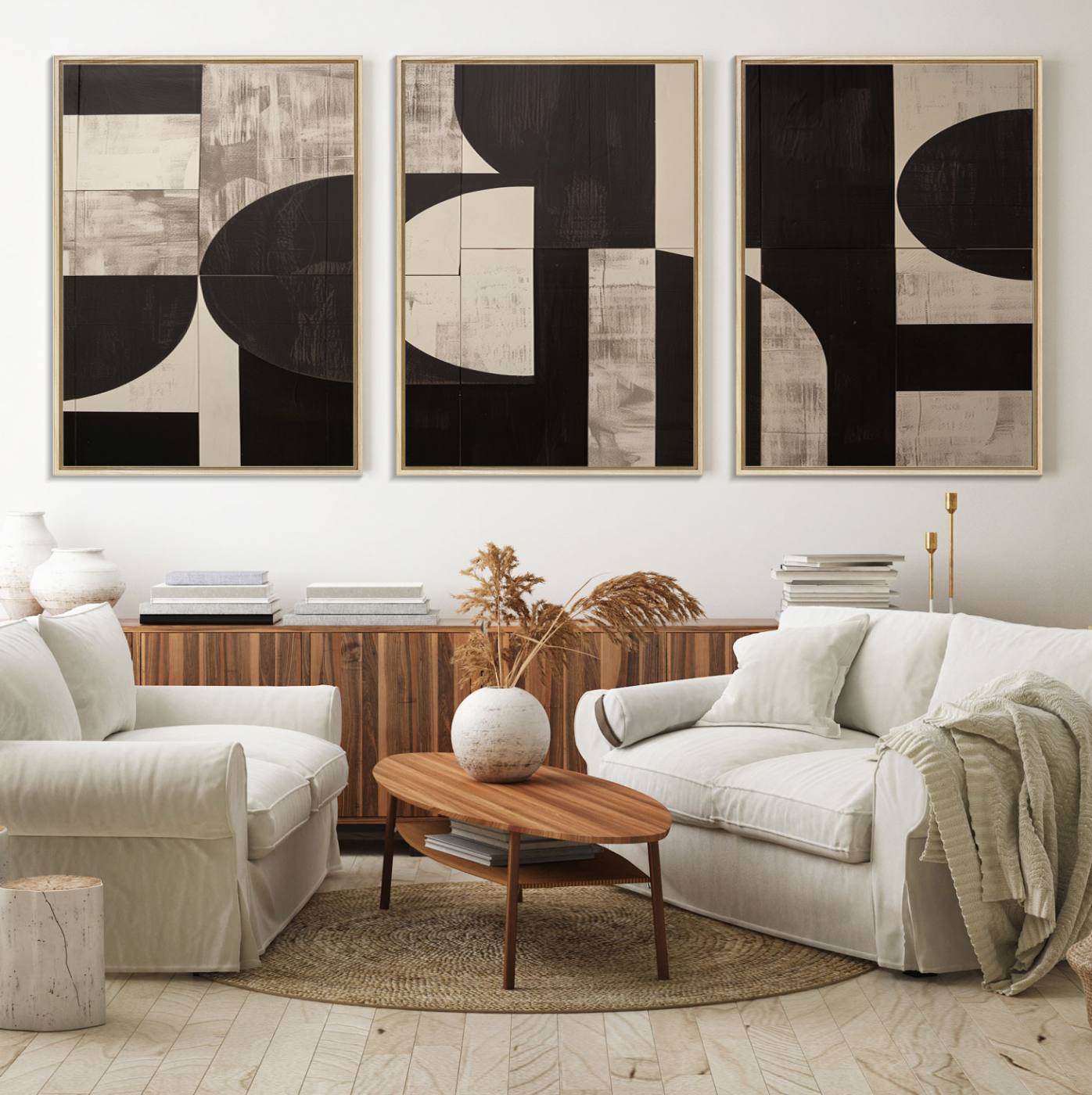 63644-MGV-FC-60X30-3P_Natural-Abstract Brown Wabi Sabi Canvas Print Set – Minimalist Mid-Century Wall Art Contemporary Artwork for Home, Office