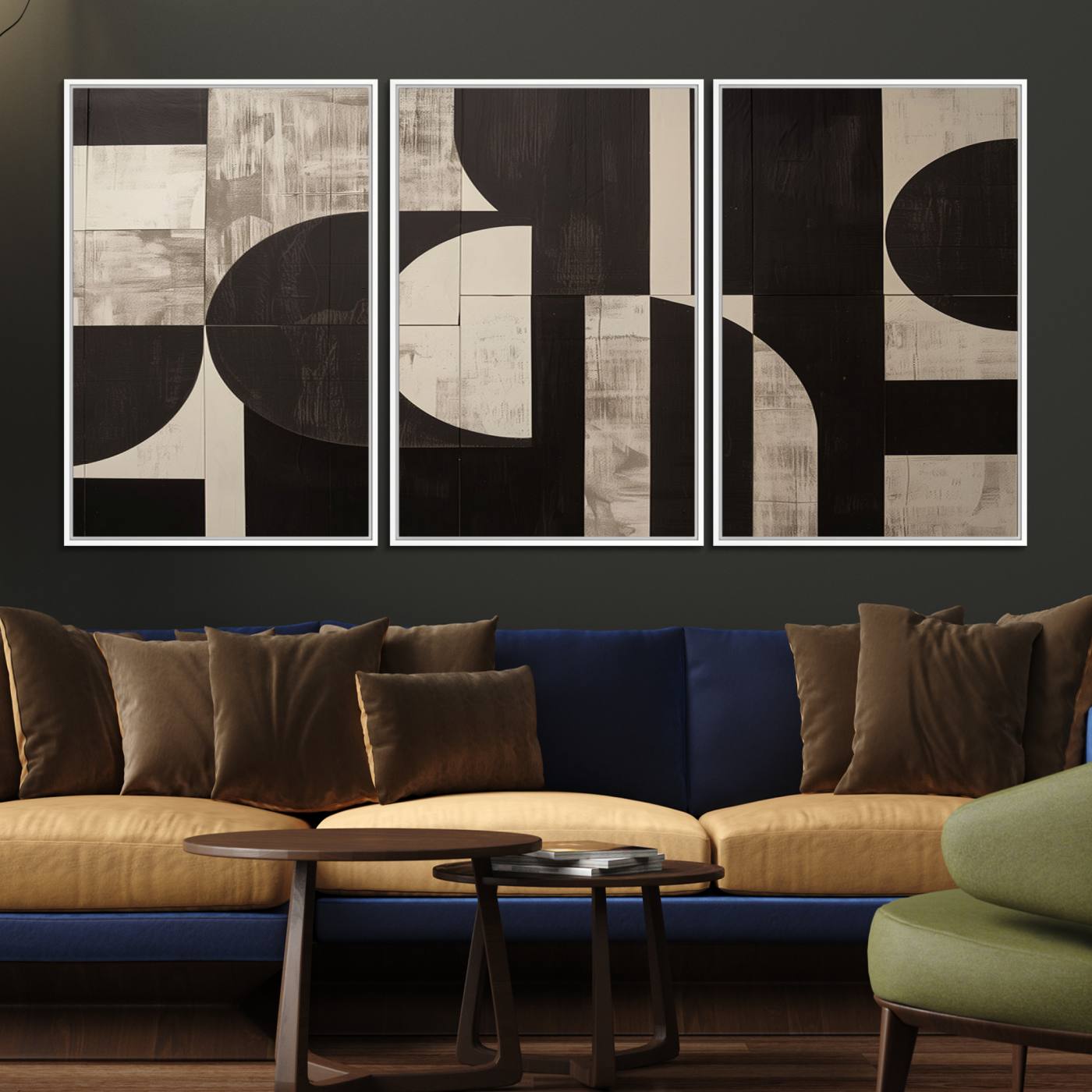 63644-MGV-FC-60X30-3P_White-Abstract Brown Wabi Sabi Canvas Print Set – Minimalist Mid-Century Wall Art Contemporary Artwork for Home, Office