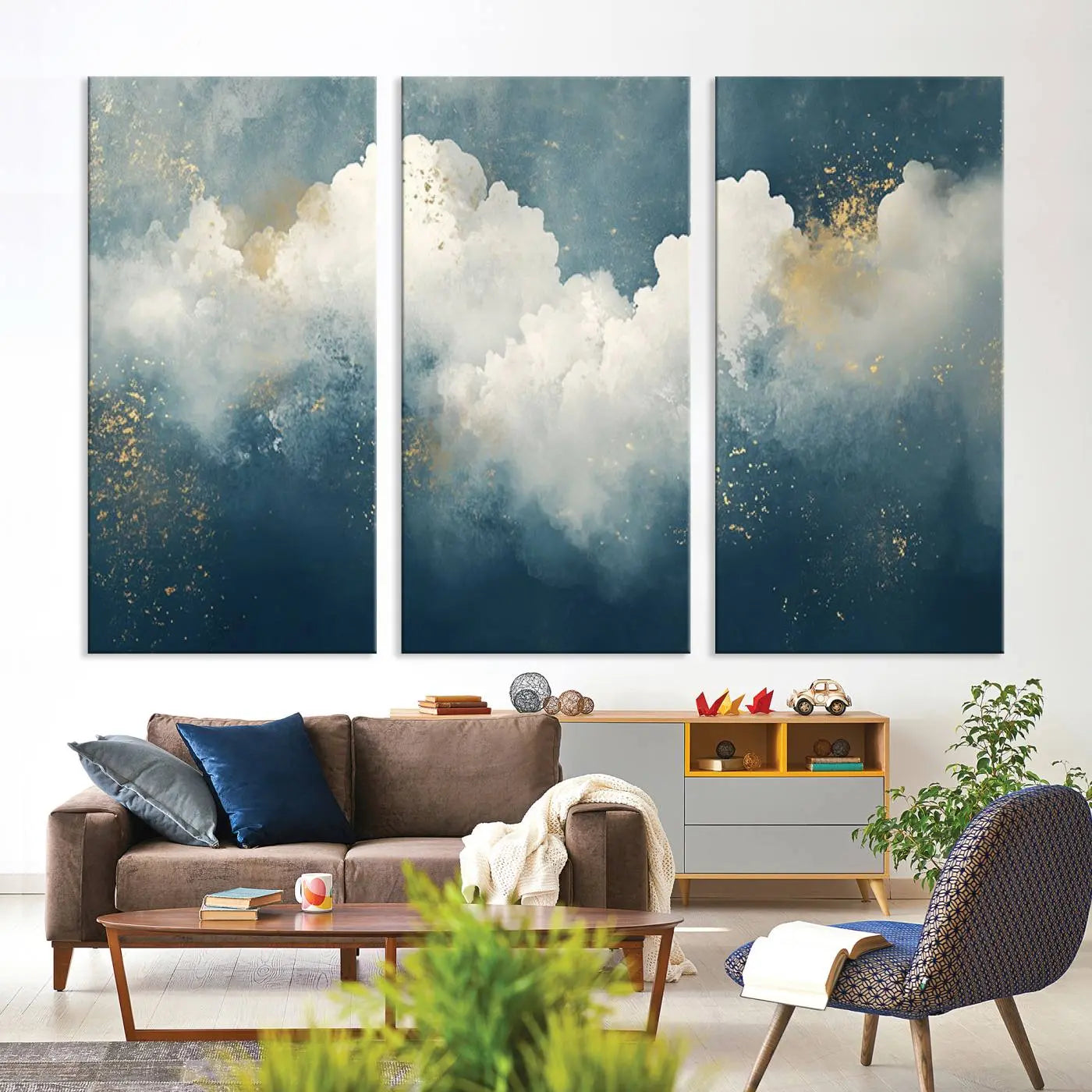 75131-MGV-CV-36X24-Abstract Canvas Wall Art - Textured Blue and White Painting with Gold Accents - Modern Minimalist