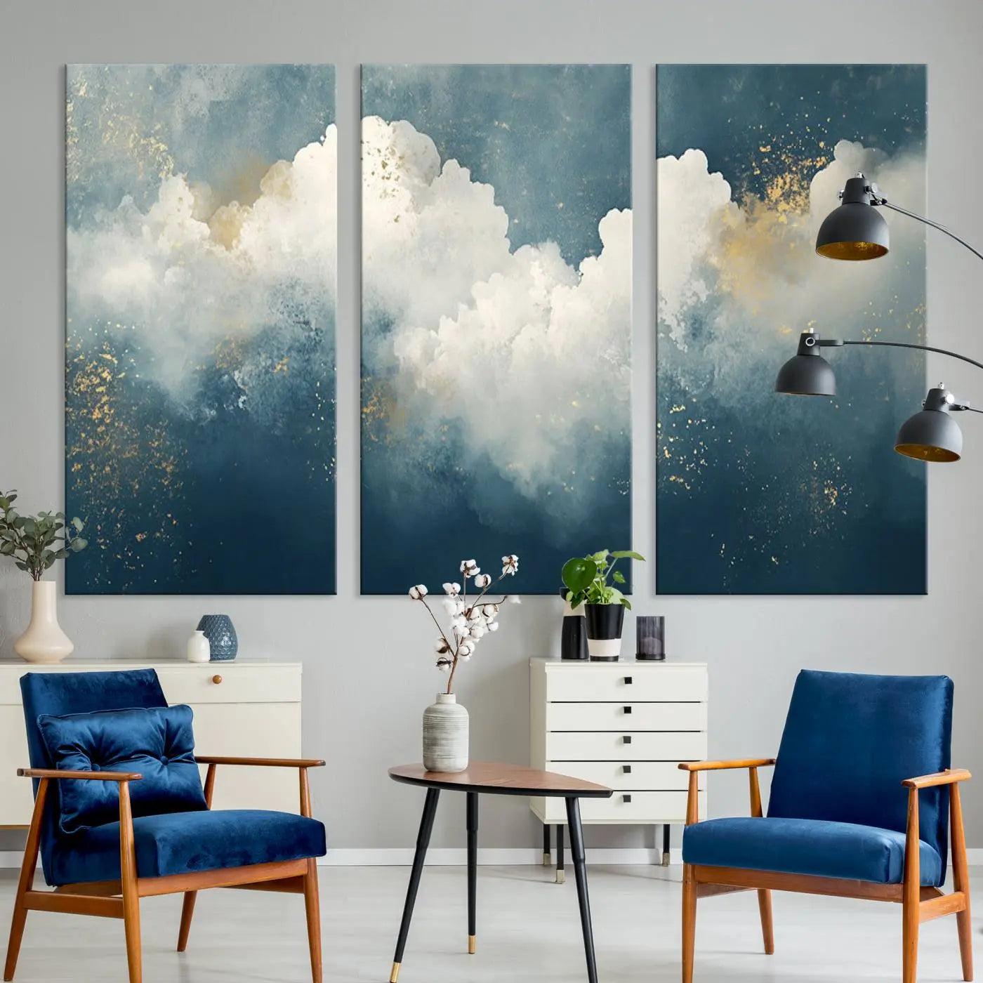 75131-MGV-CV-36X24-Abstract Canvas Wall Art - Textured Blue and White Painting with Gold Accents - Modern Minimalist
