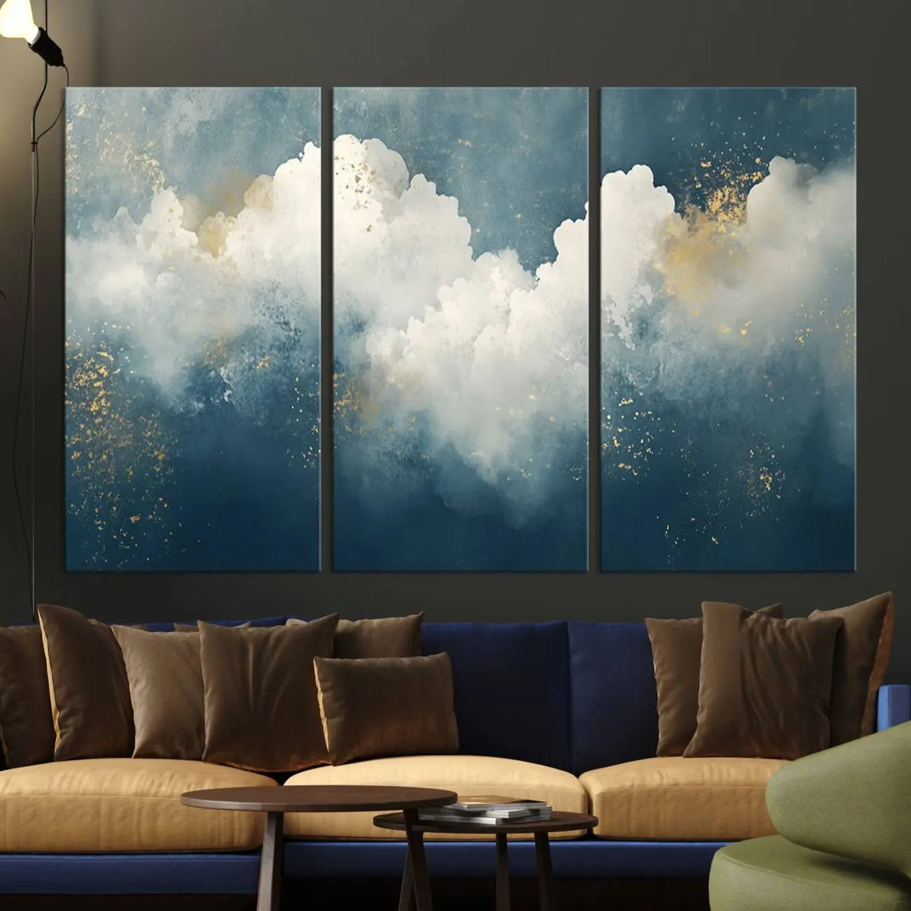 75131-MGV-CV-36X24-Abstract Blue White Wall Art Canvas Print – Modern Gold Accent Minimalist Artwork for Home, Office, Living Room Decor