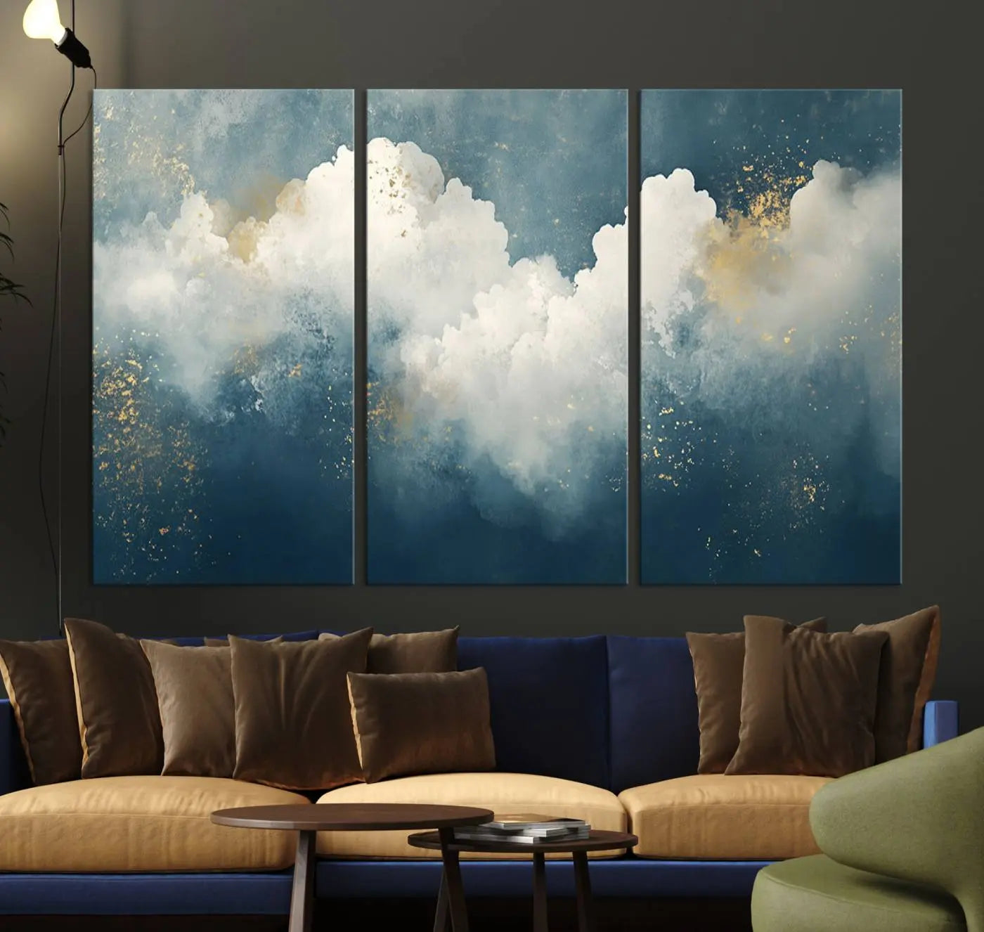 75131-MGV-CV-36X24-Abstract Canvas Wall Art - Textured Blue and White Painting with Gold Accents - Modern Minimalist