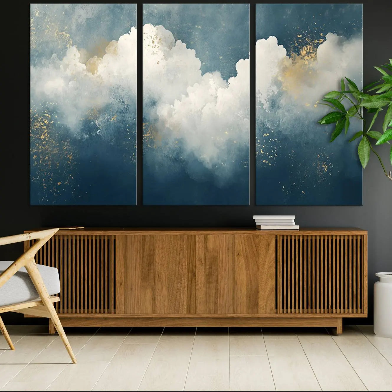 75131-MGV-CV-36X24-Abstract Blue White Wall Art Canvas Print – Modern Gold Accent Minimalist Artwork for Home, Office, Living Room Decor