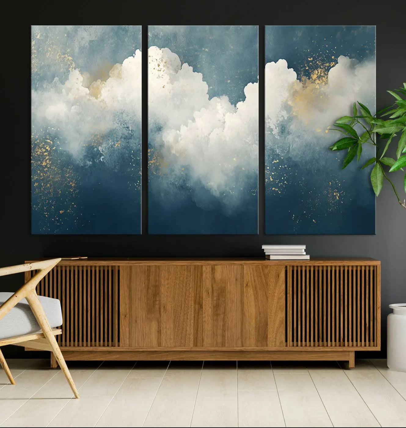 75131-MGV-CV-36X24-Abstract Canvas Wall Art - Textured Blue and White Painting with Gold Accents - Modern Minimalist