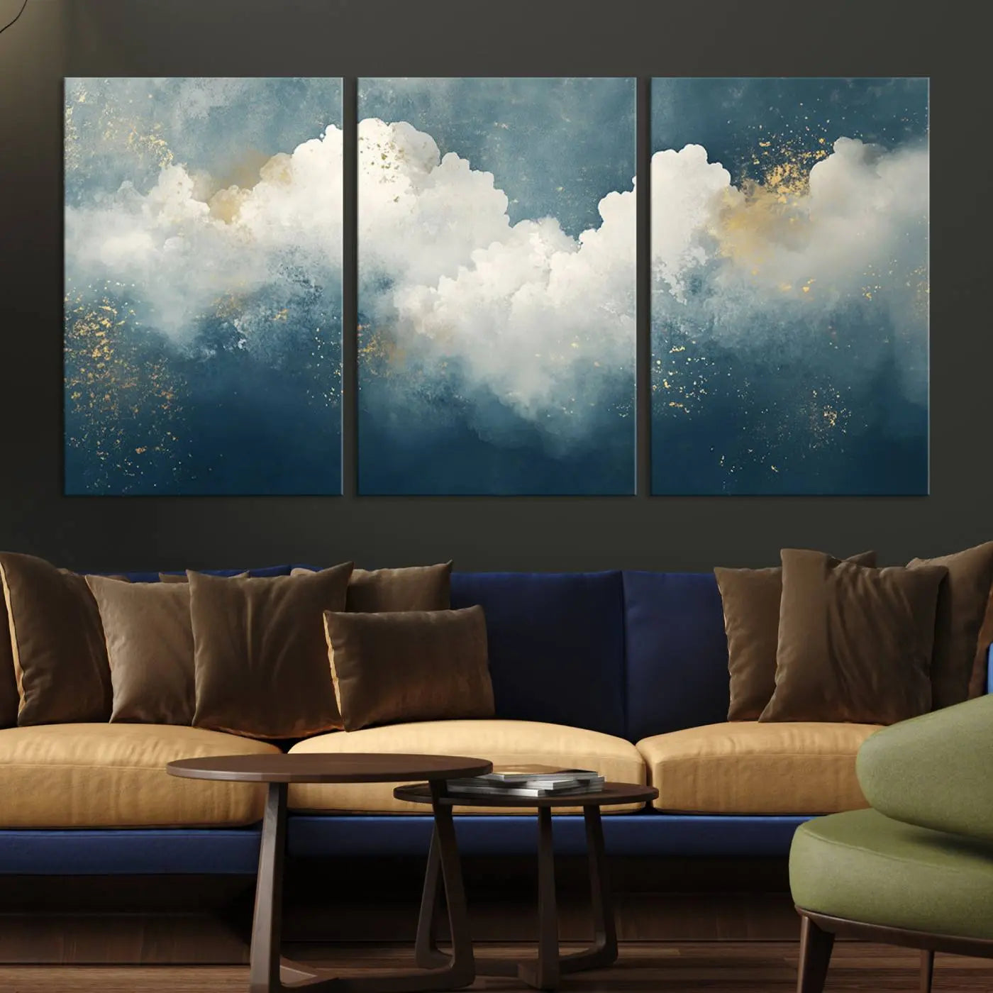 75131-MGV-CV-36X24-Abstract Canvas Wall Art - Textured Blue and White Painting with Gold Accents - Modern Minimalist