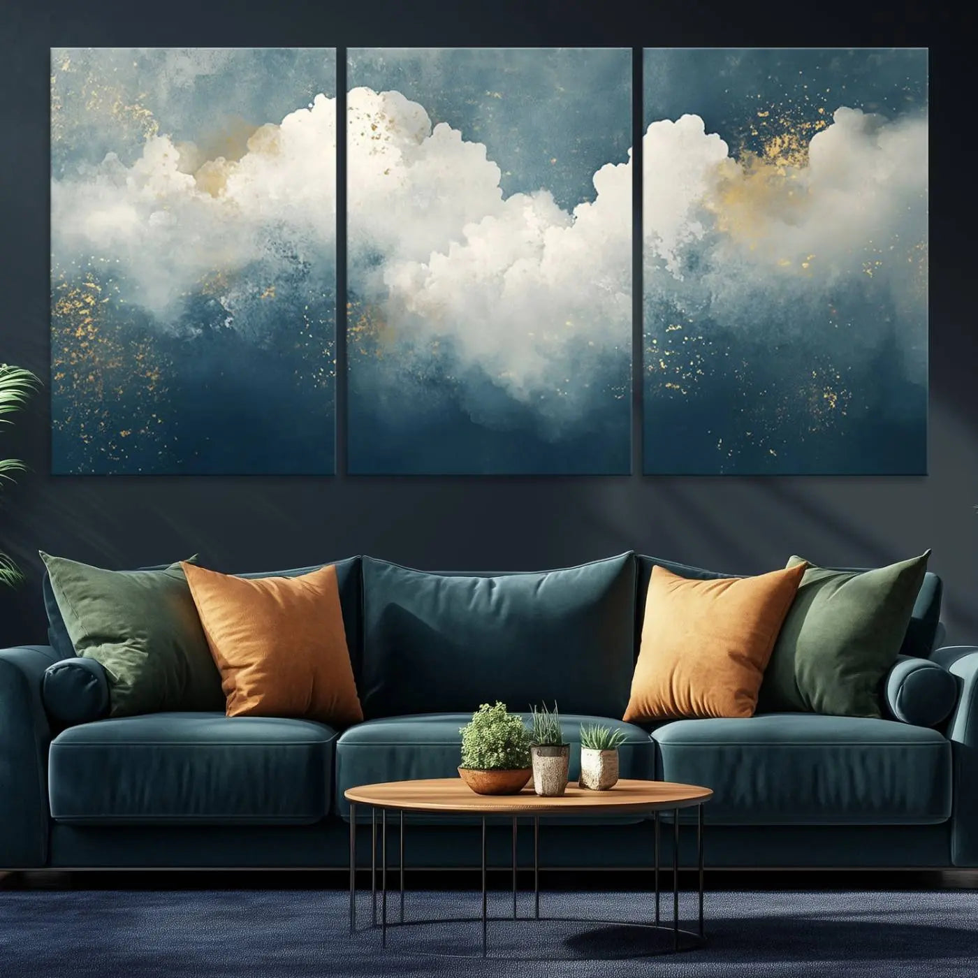 75131-MGV-CV-36X24-Abstract Canvas Wall Art - Textured Blue and White Painting with Gold Accents - Modern Minimalist