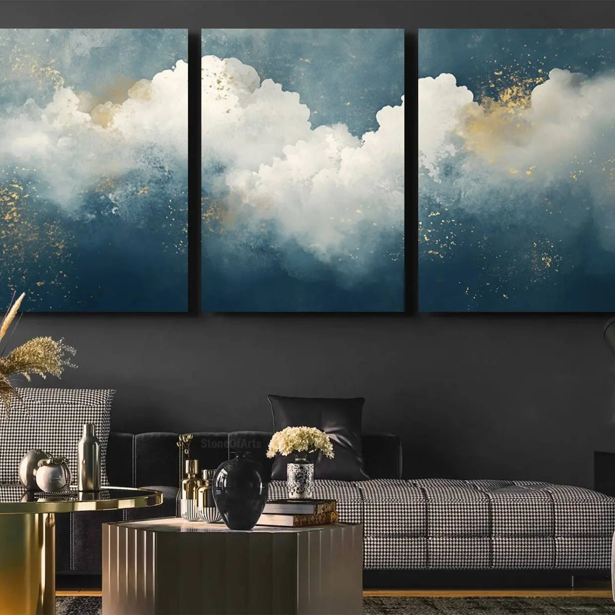 75131-MGV-CV-36X24-Abstract Blue White Wall Art Canvas Print – Modern Gold Accent Minimalist Artwork for Home, Office, Living Room Decor