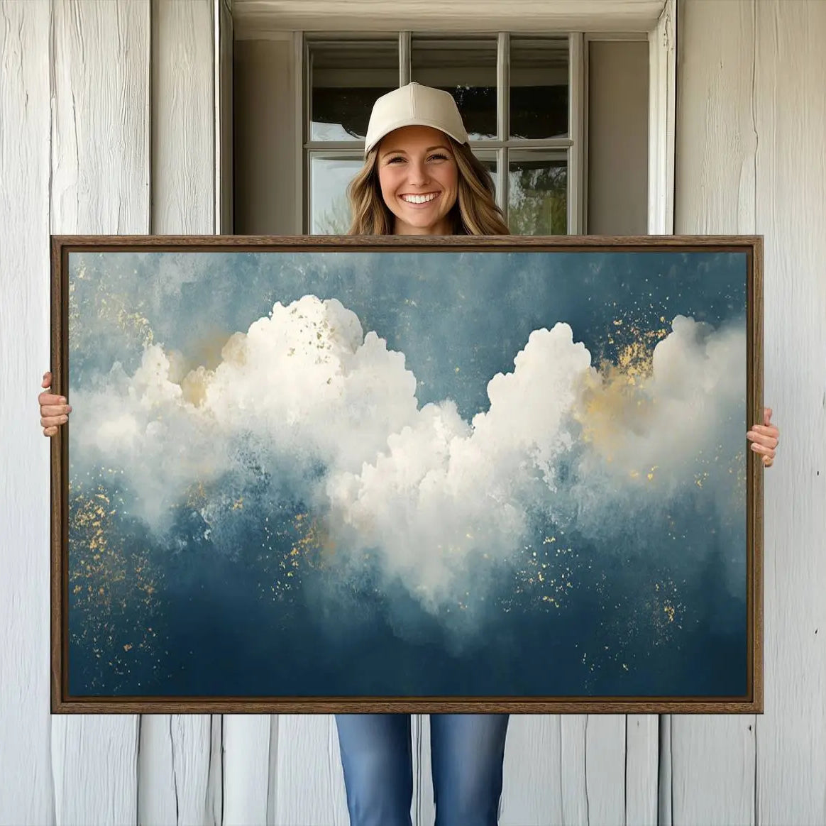 75131-MGV-CV-36X24-Abstract Blue White Wall Art Canvas Print – Modern Gold Accent Minimalist Artwork for Home, Office, Living Room Decor