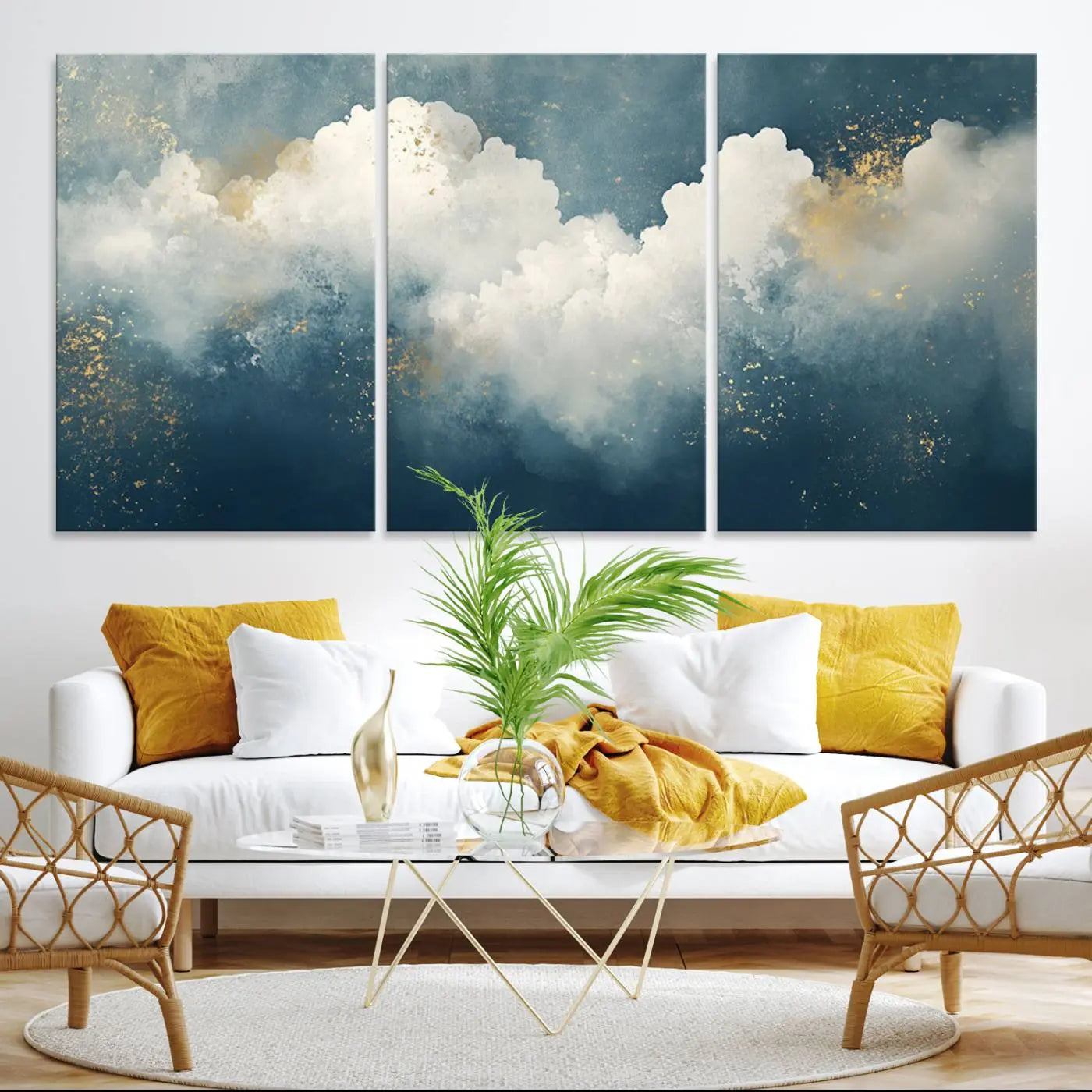 75131-MGV-CV-36X24-Abstract Canvas Wall Art - Textured Blue and White Painting with Gold Accents - Modern Minimalist