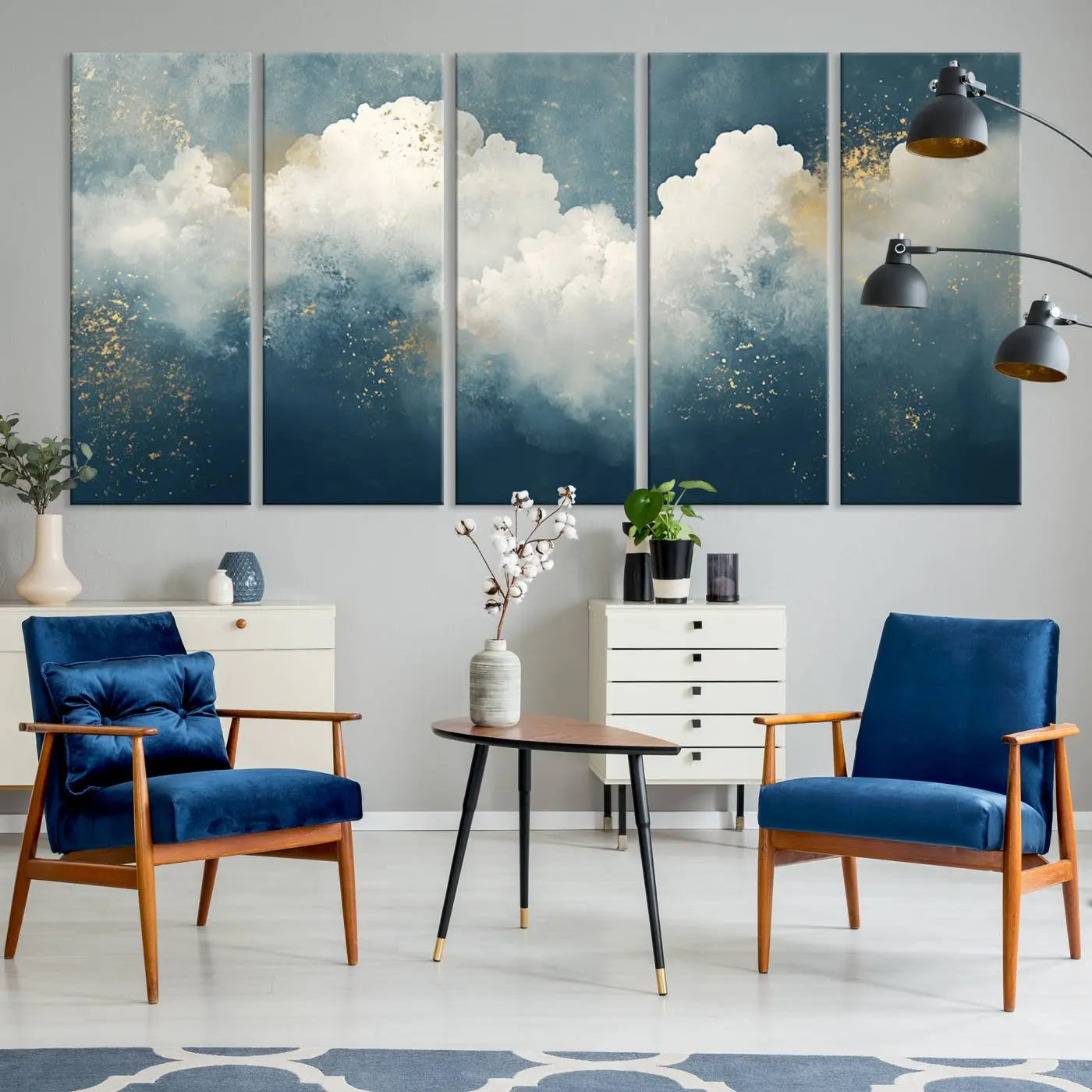 75131-MGV-CV-36X24-Abstract Canvas Wall Art - Textured Blue and White Painting with Gold Accents - Modern Minimalist