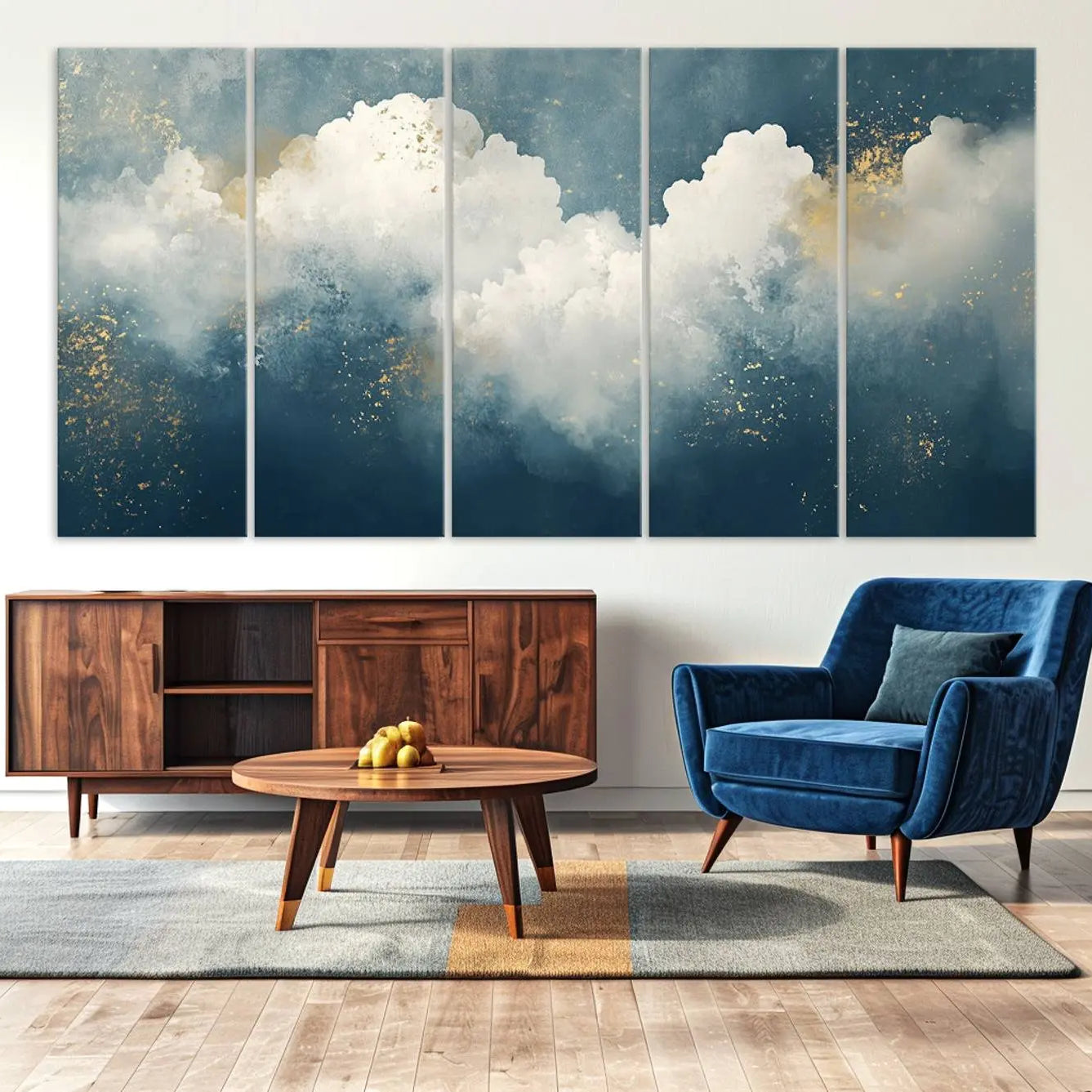 75131-MGV-CV-36X24-Abstract Blue White Wall Art Canvas Print – Modern Gold Accent Minimalist Artwork for Home, Office, Living Room Decor