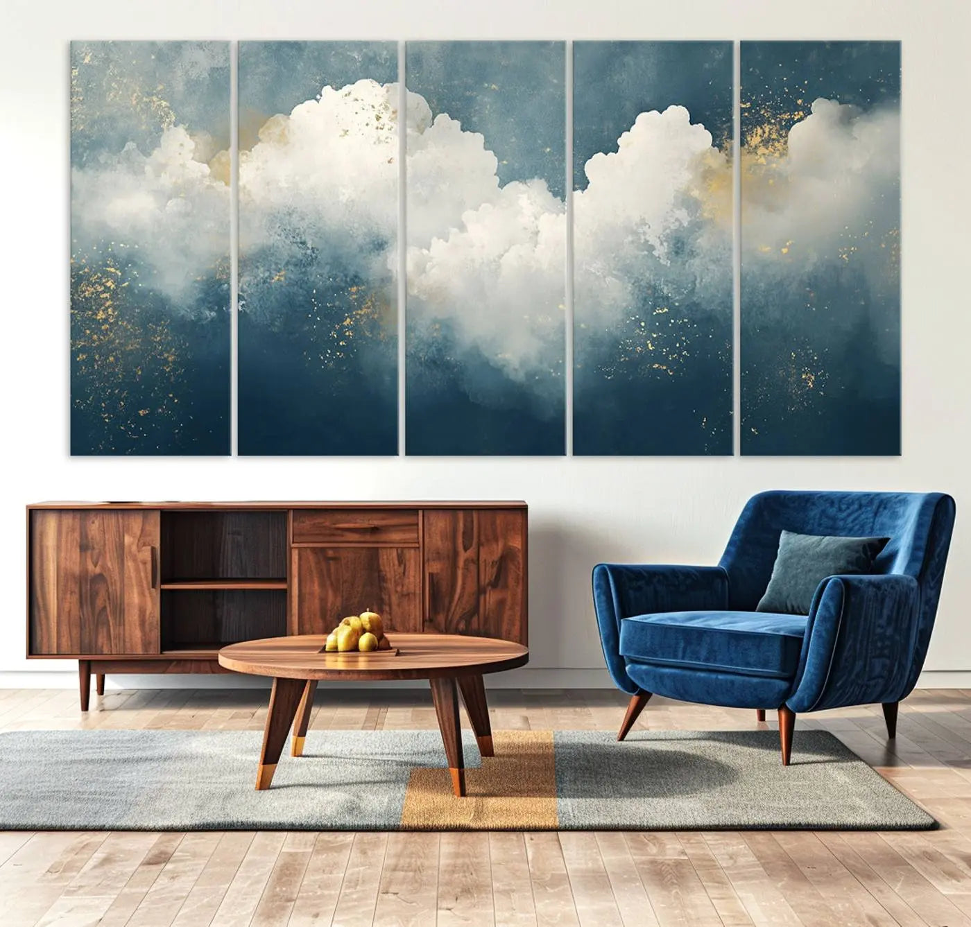 75131-MGV-CV-36X24-Abstract Canvas Wall Art - Textured Blue and White Painting with Gold Accents - Modern Minimalist