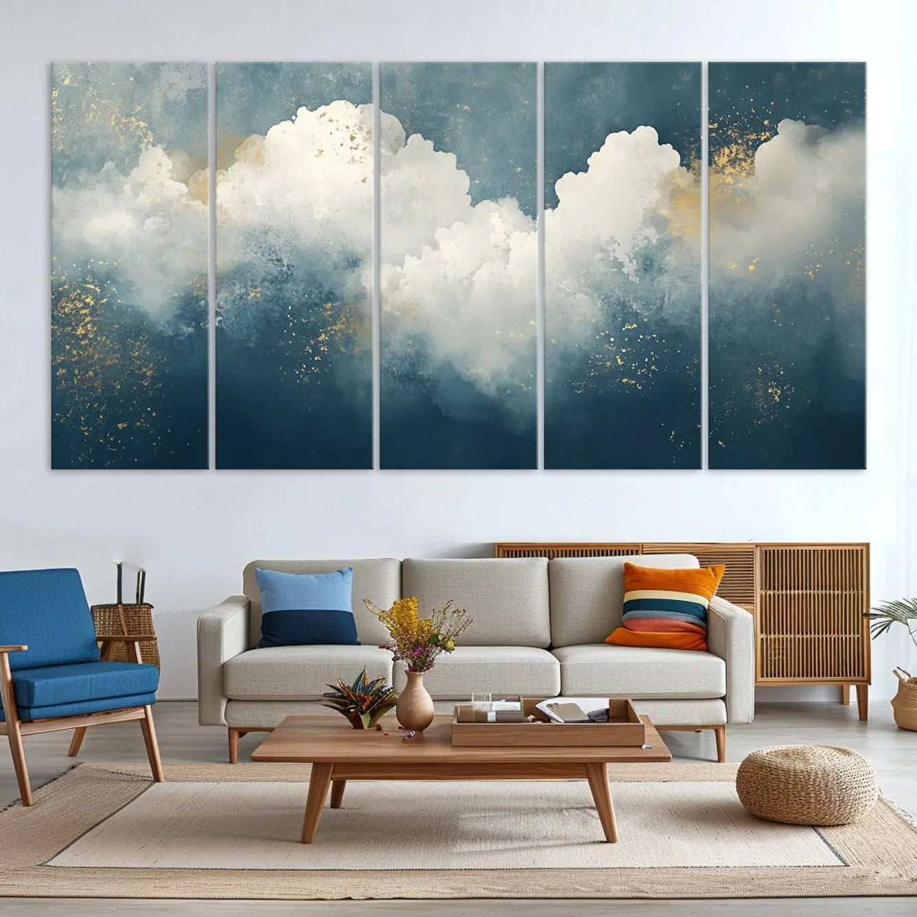 75131-MGV-CV-36X24-Abstract Blue White Wall Art Canvas Print – Modern Gold Accent Minimalist Artwork for Home, Office, Living Room Decor