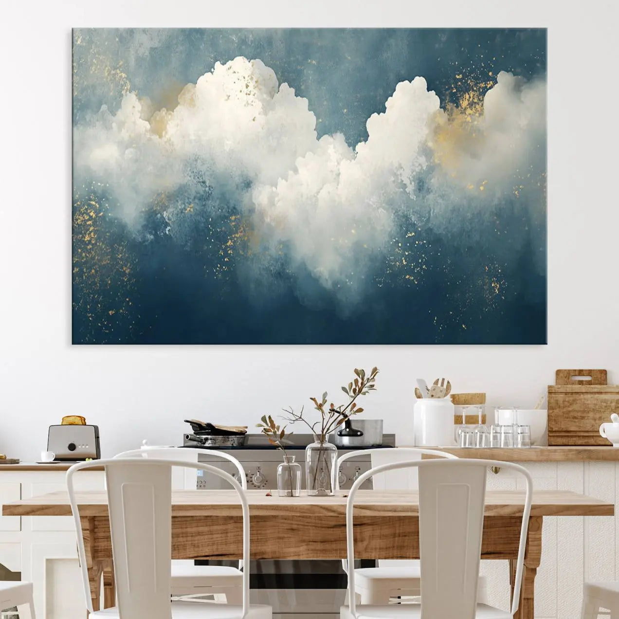 75131-MGV-CV-36X24-Abstract Blue White Wall Art Canvas Print – Modern Gold Accent Minimalist Artwork for Home, Office, Living Room Decor