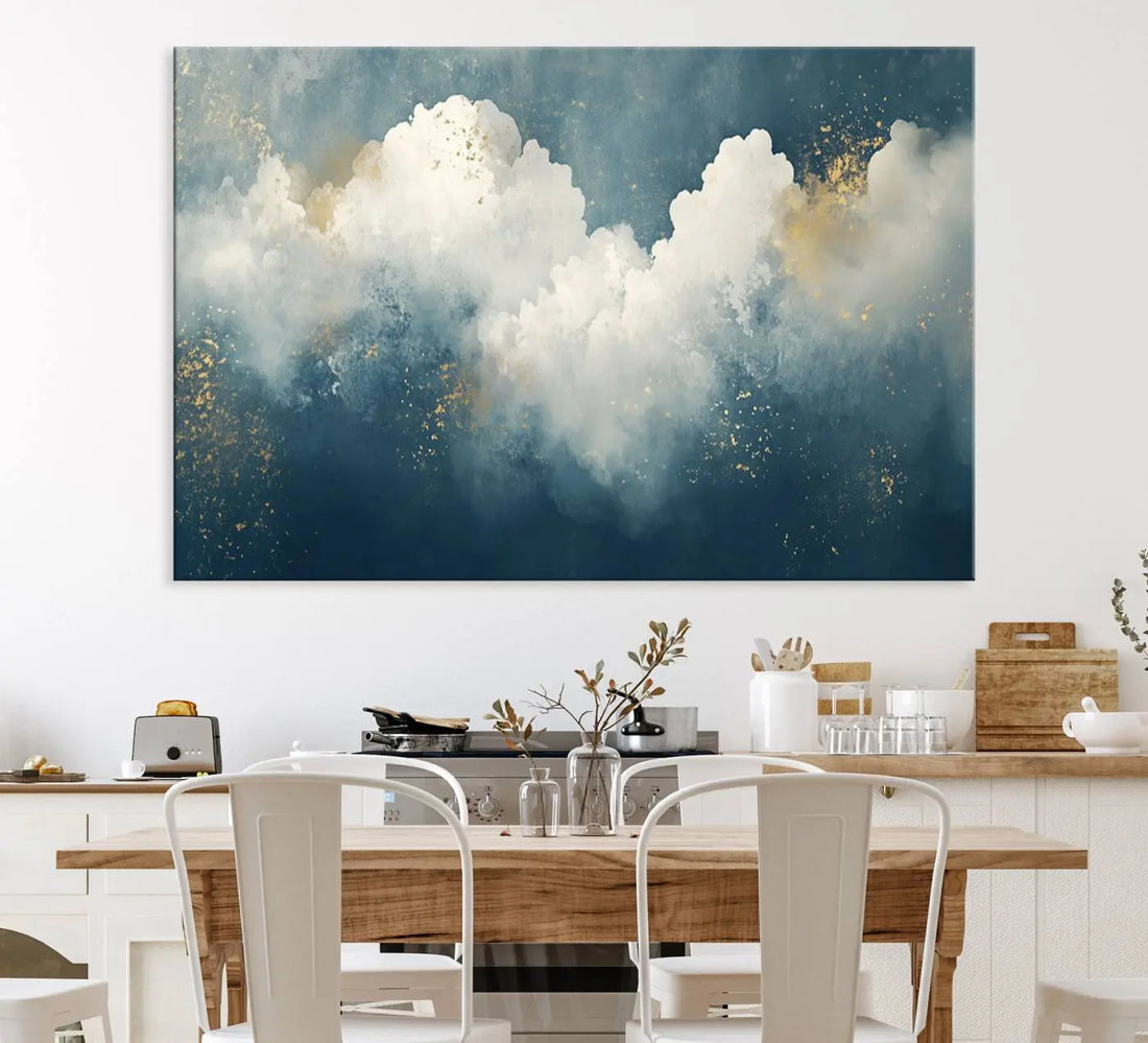 Abstract Blue and White Wall Art Canvas Print, Modern Gold Accent Minimalist Artwork