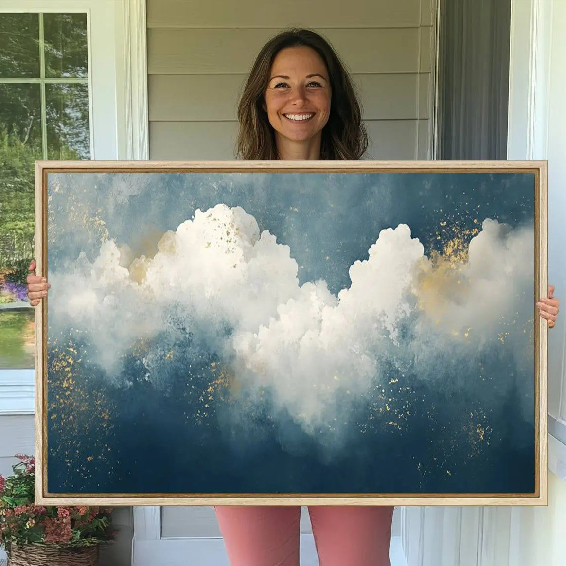 75131-MGV-CV-36X24-Abstract Blue White Wall Art Canvas Print – Modern Gold Accent Minimalist Artwork for Home, Office, Living Room Decor