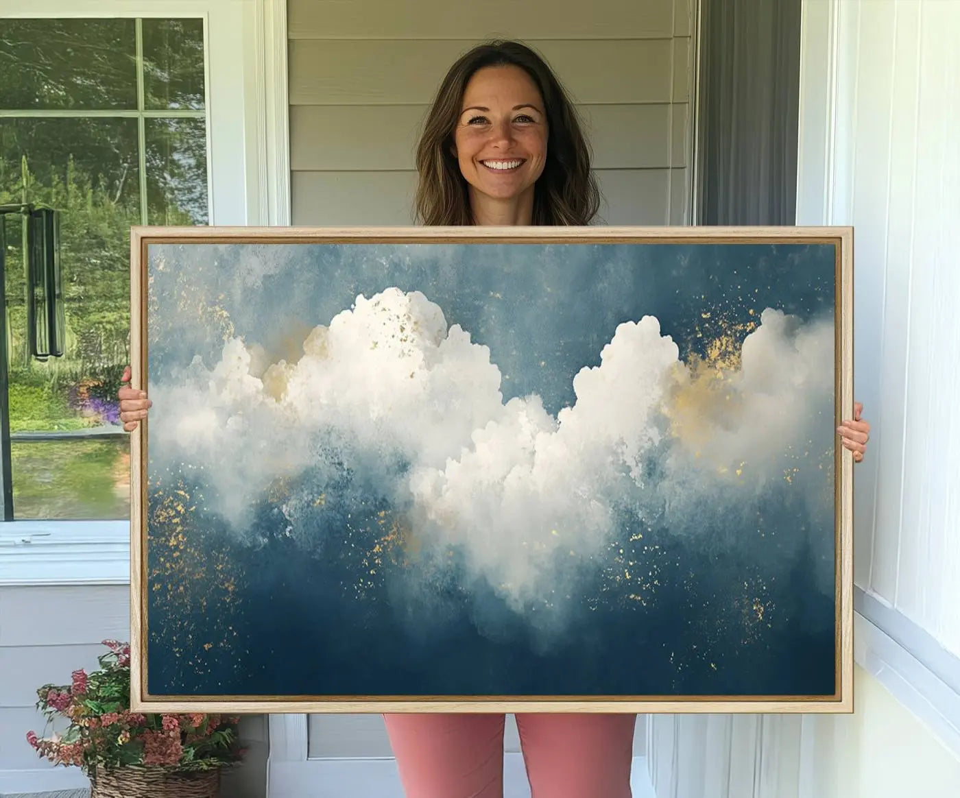 75131-MGV-CV-36X24-Abstract Canvas Wall Art - Textured Blue and White Painting with Gold Accents - Modern Minimalist