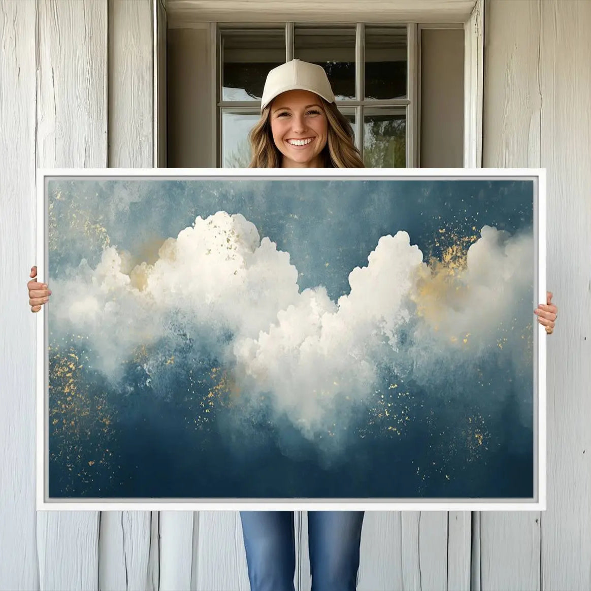 75131-MGV-CV-36X24-Abstract Blue White Wall Art Canvas Print – Modern Gold Accent Minimalist Artwork for Home, Office, Living Room Decor