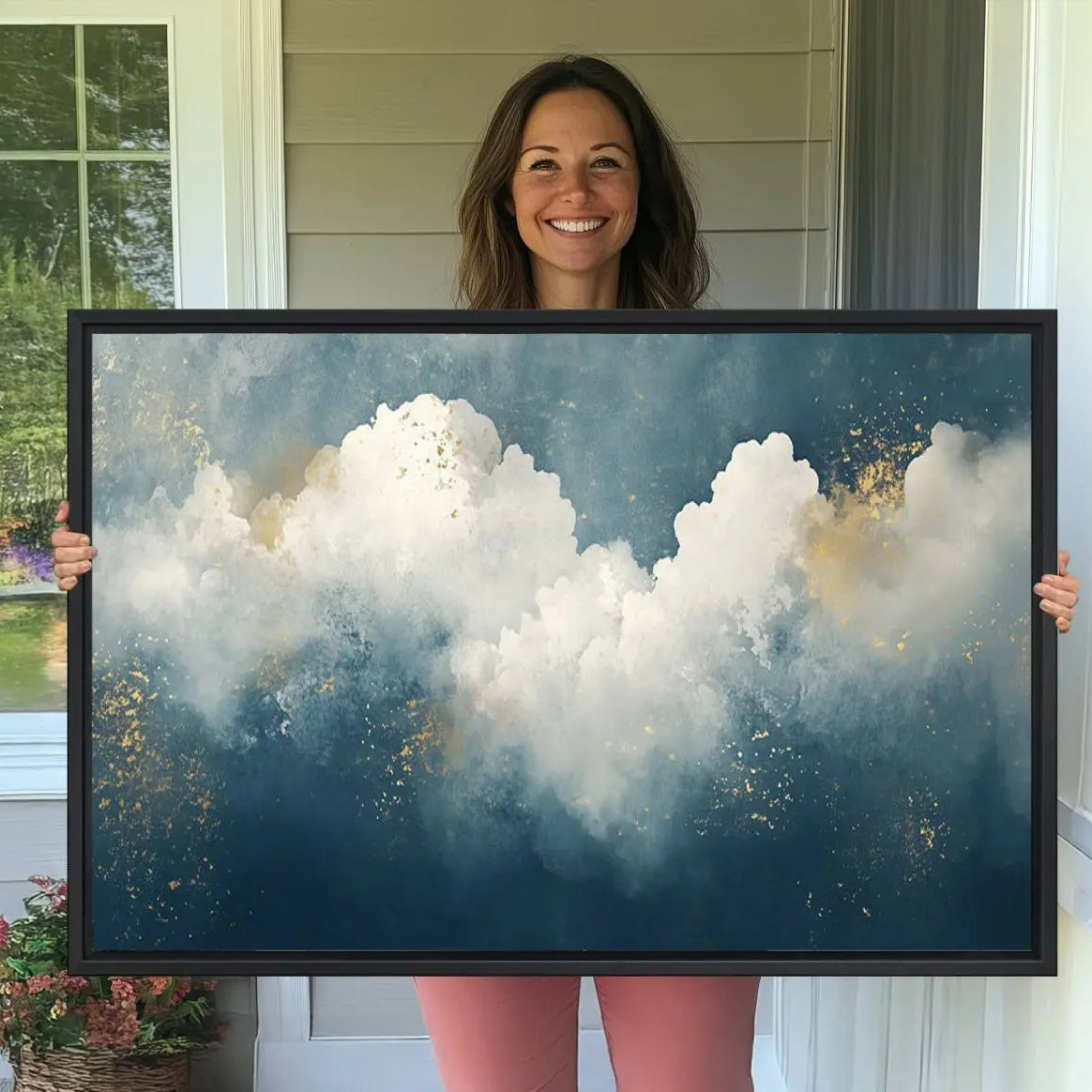 75131-MGV-CV-36X24-Abstract Blue White Wall Art Canvas Print – Modern Gold Accent Minimalist Artwork for Home, Office, Living Room Decor