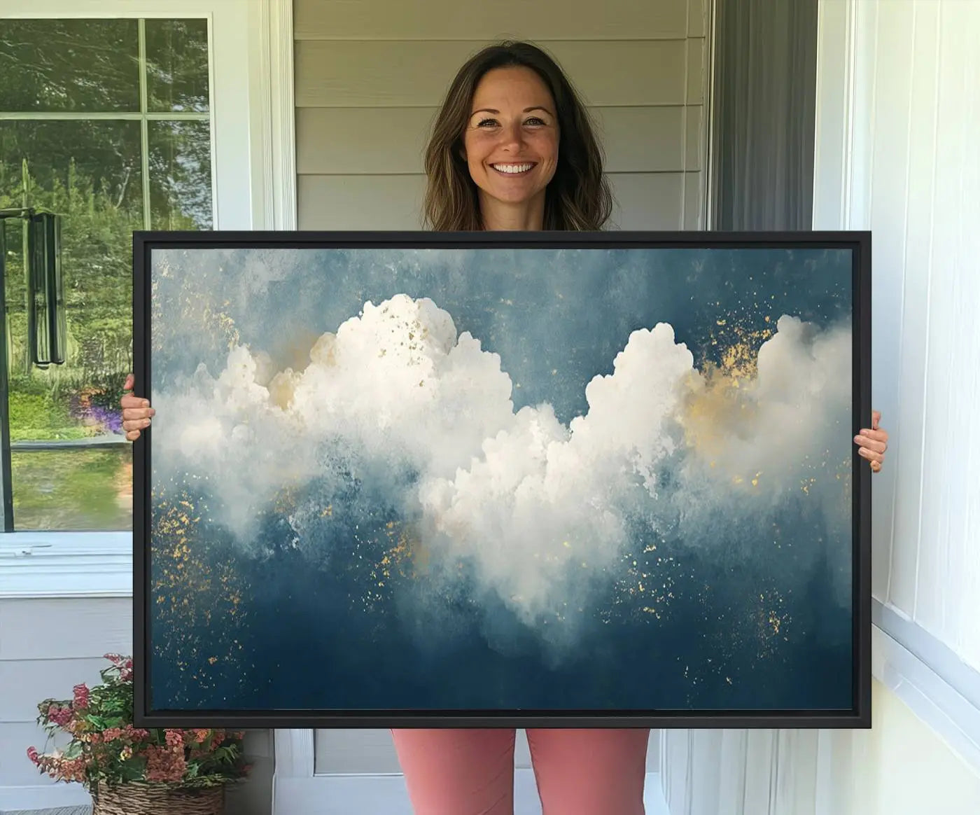 75131-MGV-CV-36X24-Abstract Canvas Wall Art - Textured Blue and White Painting with Gold Accents - Modern Minimalist