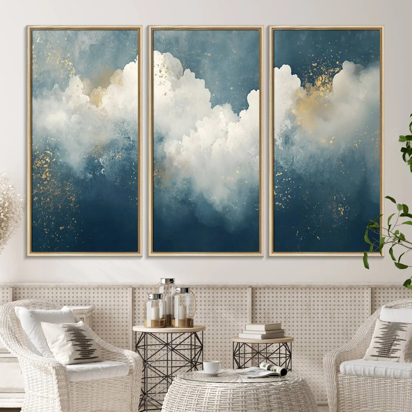 75131-MGV-CV-36X24-Abstract Canvas Wall Art - Textured Blue and White Painting with Gold Accents - Modern Minimalist