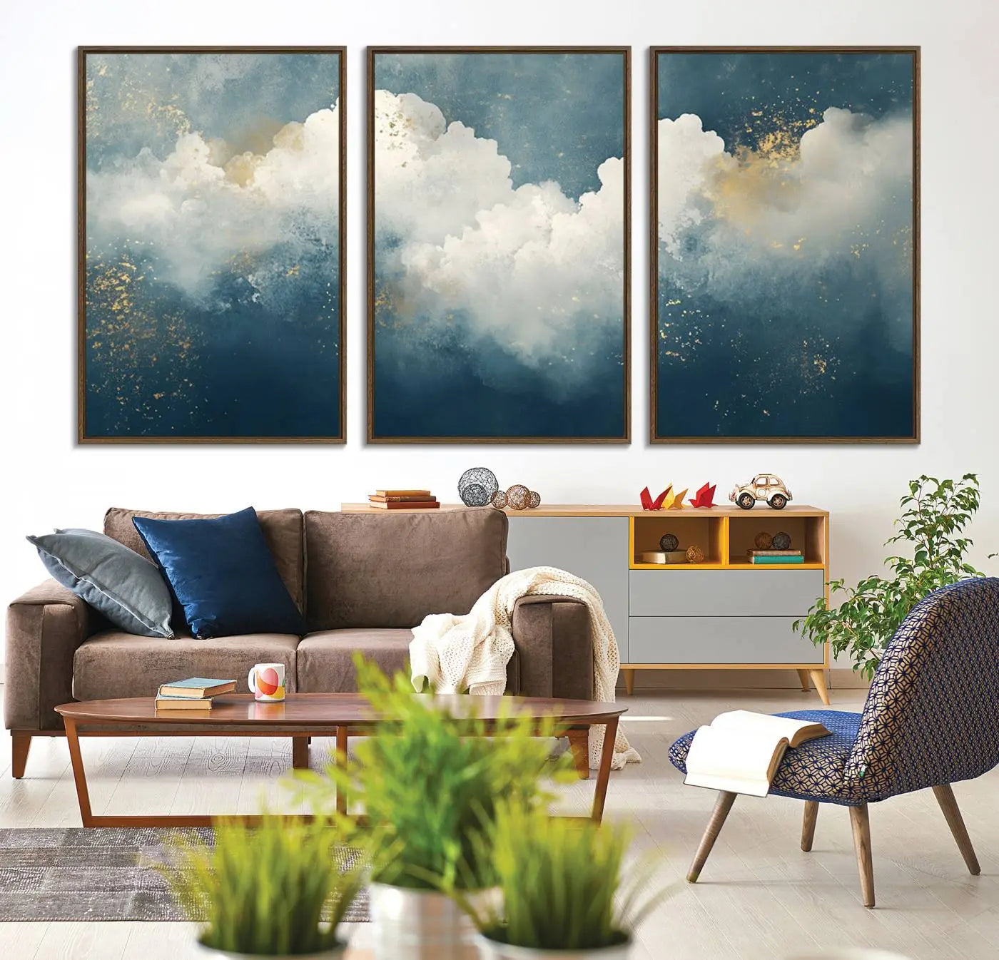 75131-MGV-CV-36X24-Abstract Canvas Wall Art - Textured Blue and White Painting with Gold Accents - Modern Minimalist