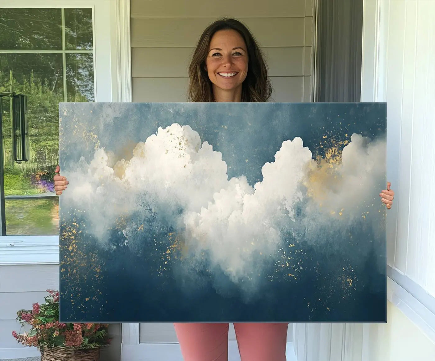 75131-MGV-CV-36X24-Abstract Canvas Wall Art - Textured Blue and White Painting with Gold Accents - Modern Minimalist