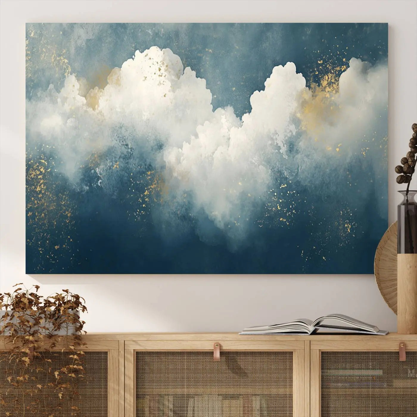 75131-MGV-CV-36X24-Abstract Canvas Wall Art - Textured Blue and White Painting with Gold Accents - Modern Minimalist