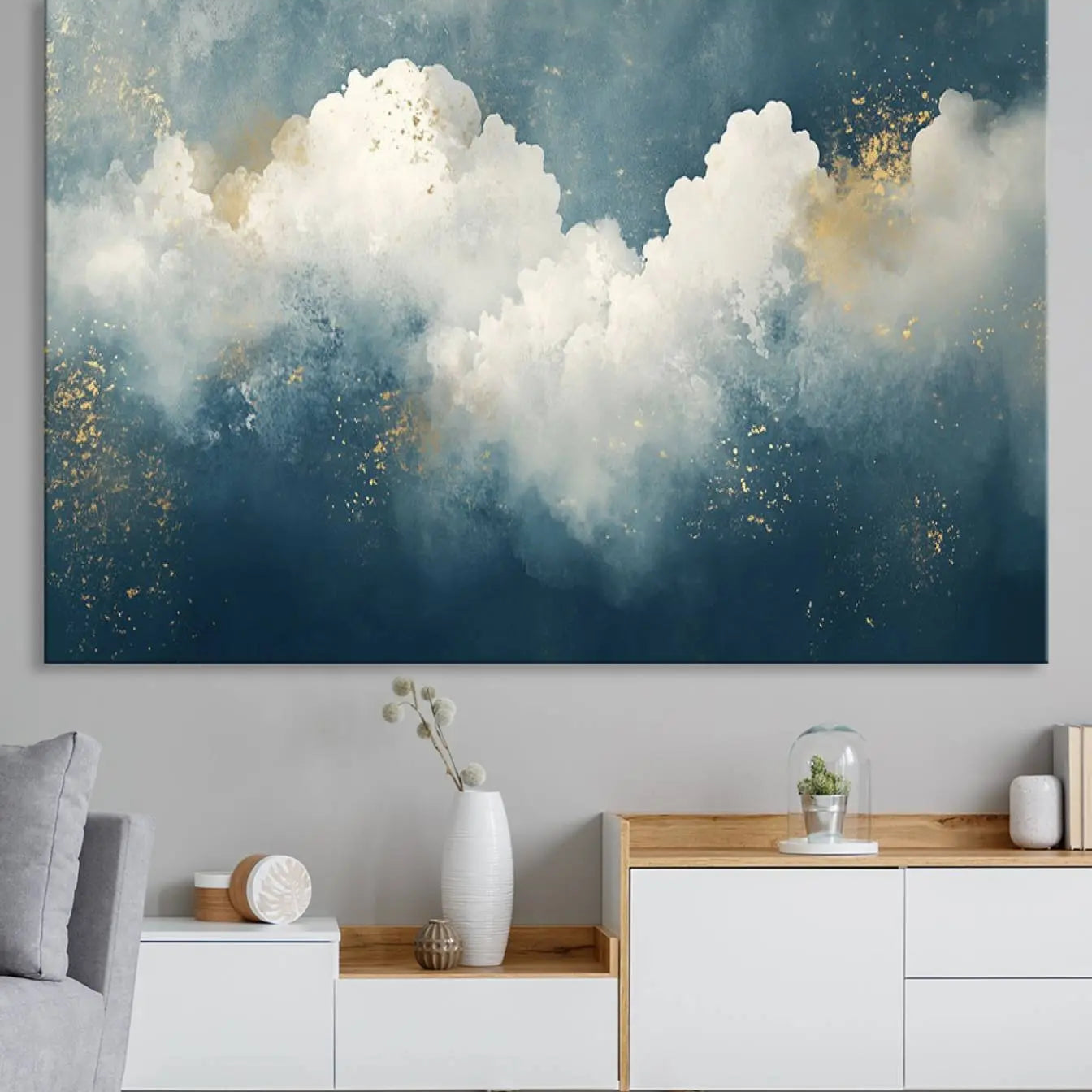 75131-MGV-CV-36X24-Abstract Blue White Wall Art Canvas Print – Modern Gold Accent Minimalist Artwork for Home, Office, Living Room Decor