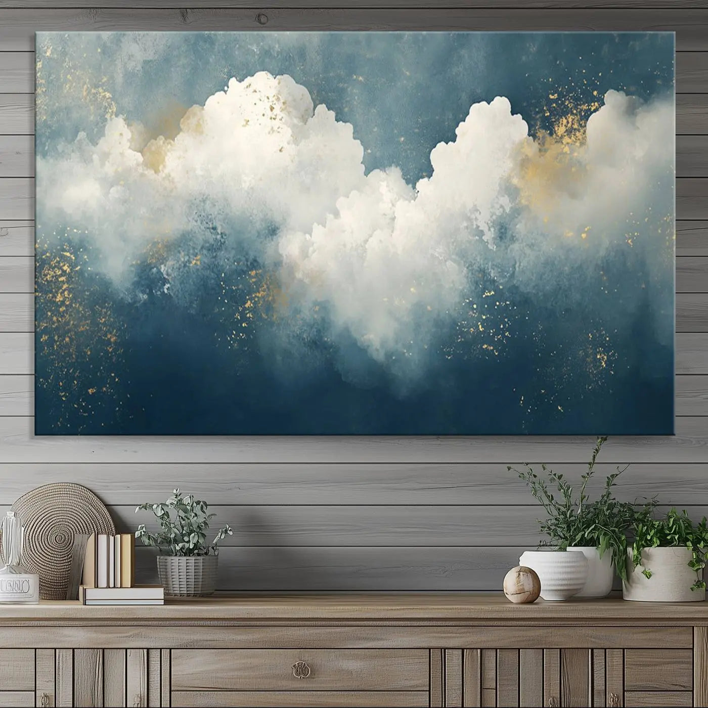 75131-MGV-CV-36X24-Abstract Canvas Wall Art - Textured Blue and White Painting with Gold Accents - Modern Minimalist