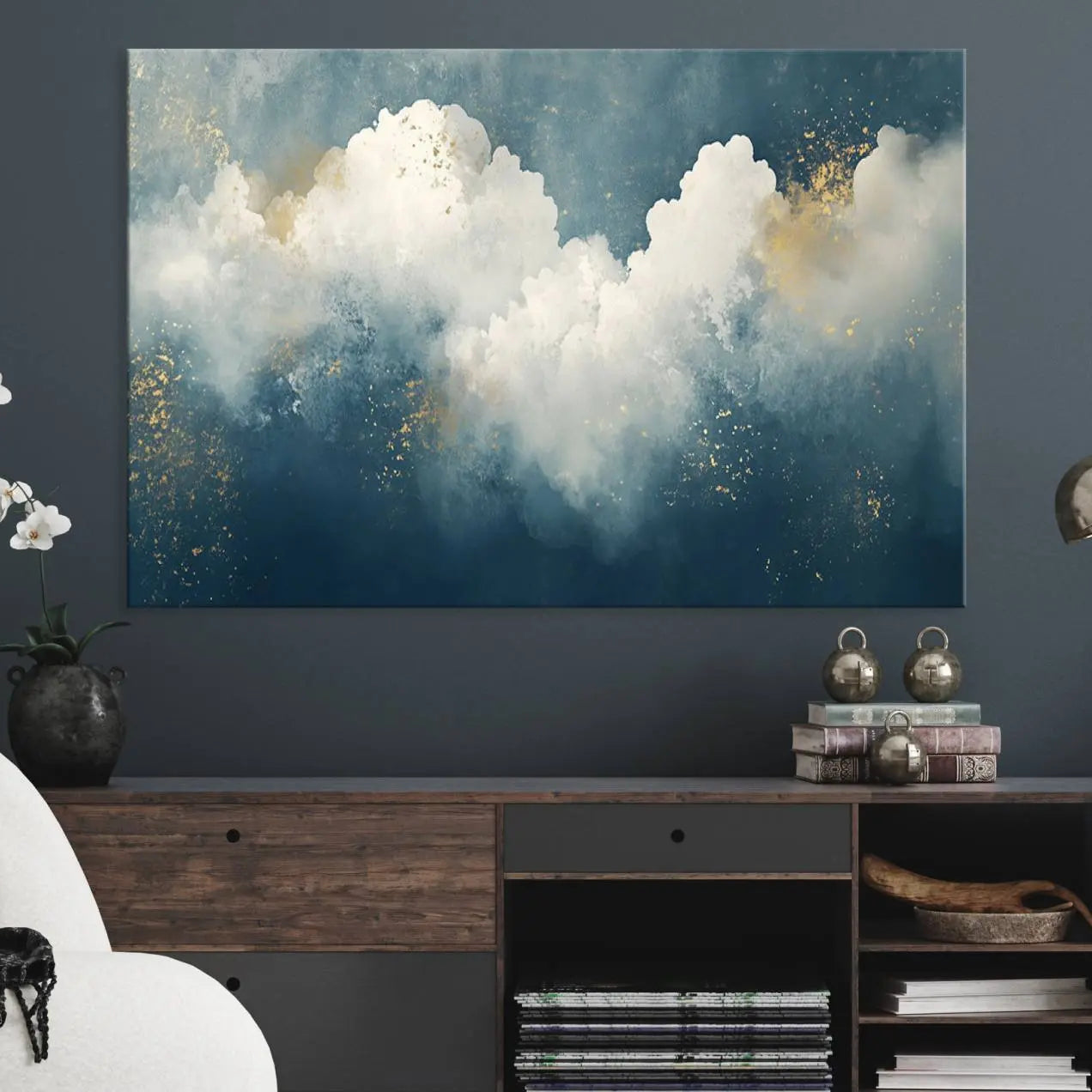 75131-MGV-CV-36X24-Abstract Blue White Wall Art Canvas Print – Modern Gold Accent Minimalist Artwork for Home, Office, Living Room Decor