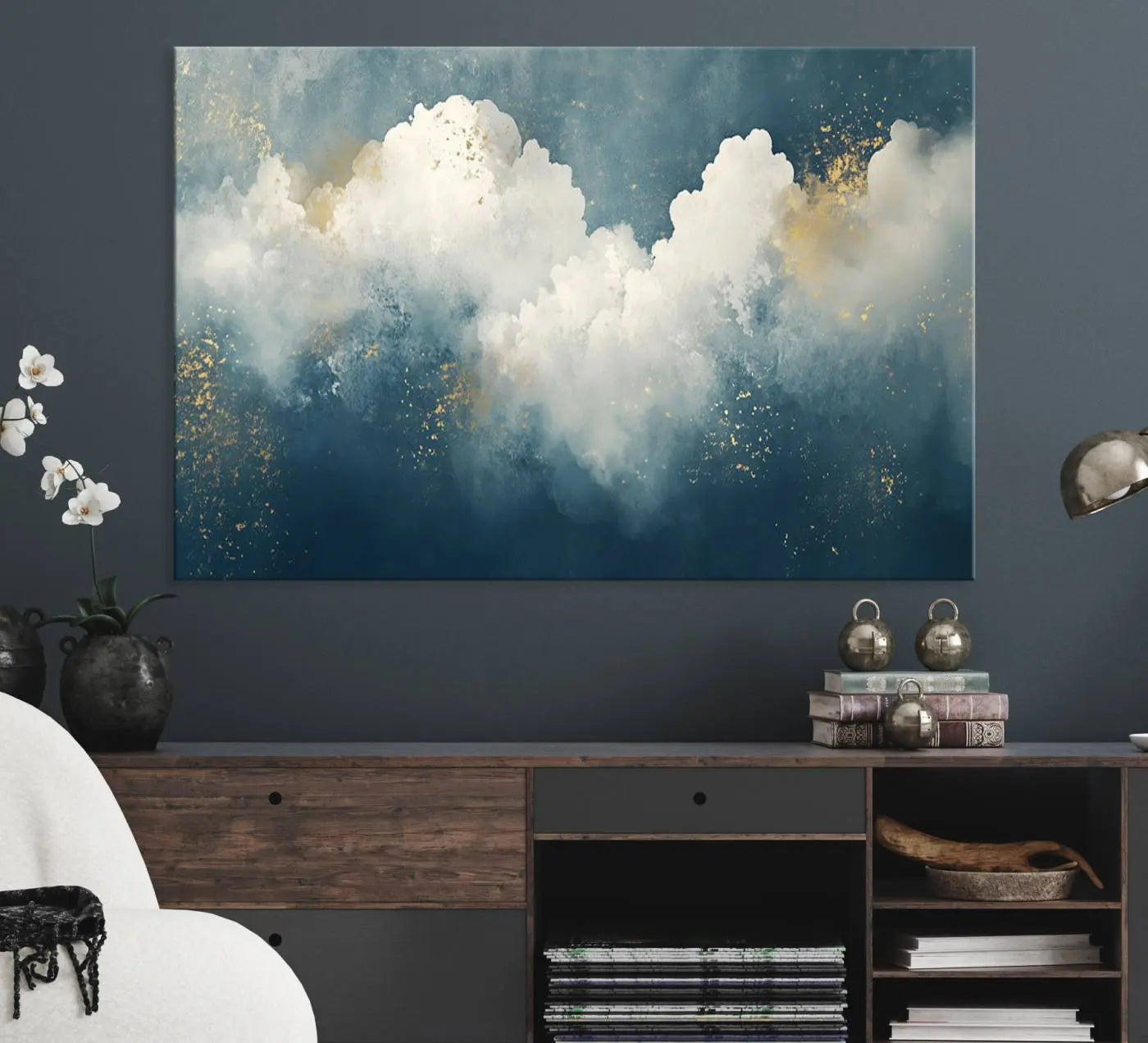 75131-MGV-CV-36X24-Abstract Canvas Wall Art - Textured Blue and White Painting with Gold Accents - Modern Minimalist